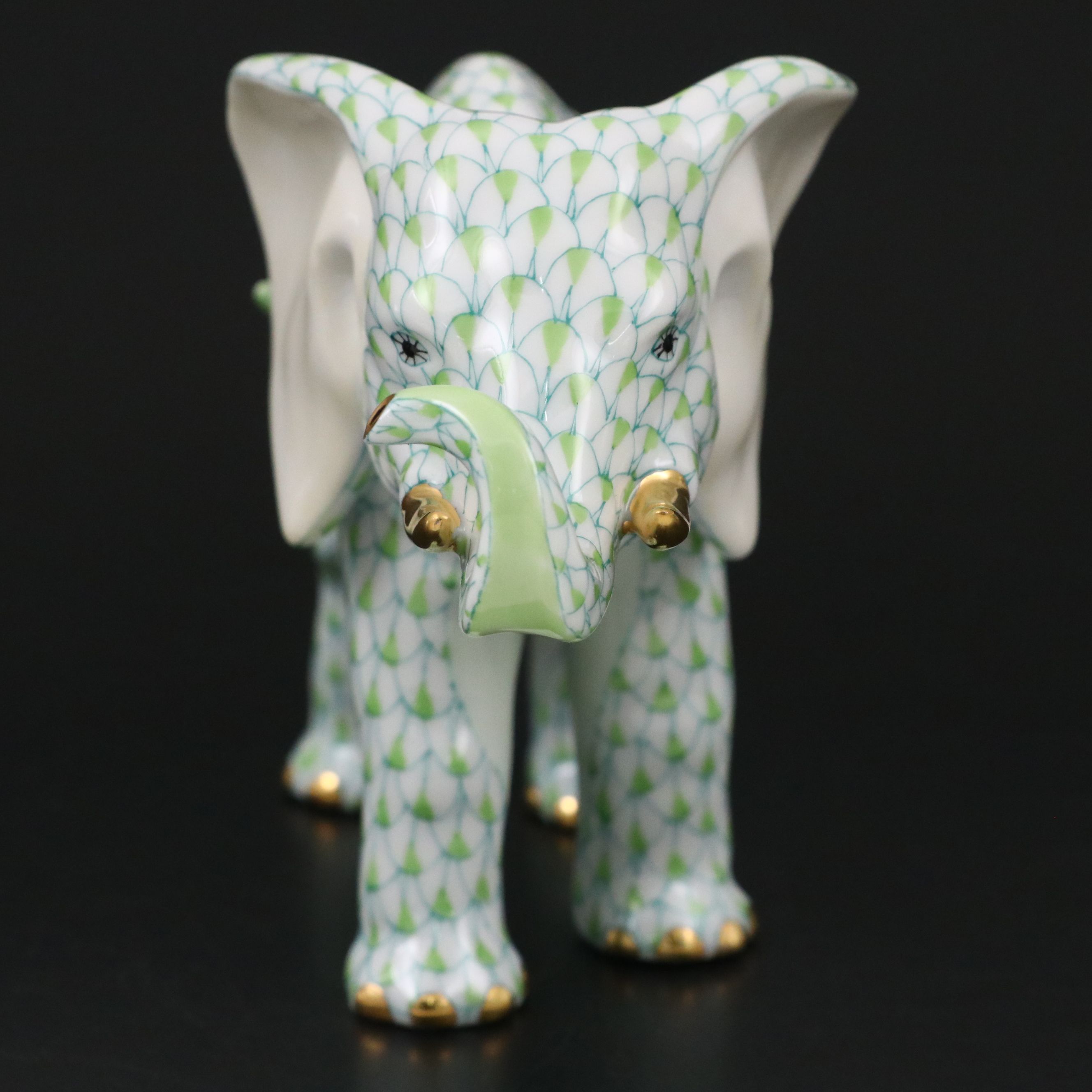 Herend Key Lime Fishnet with Gold "Roaming Elephant" Porcelain Figurine