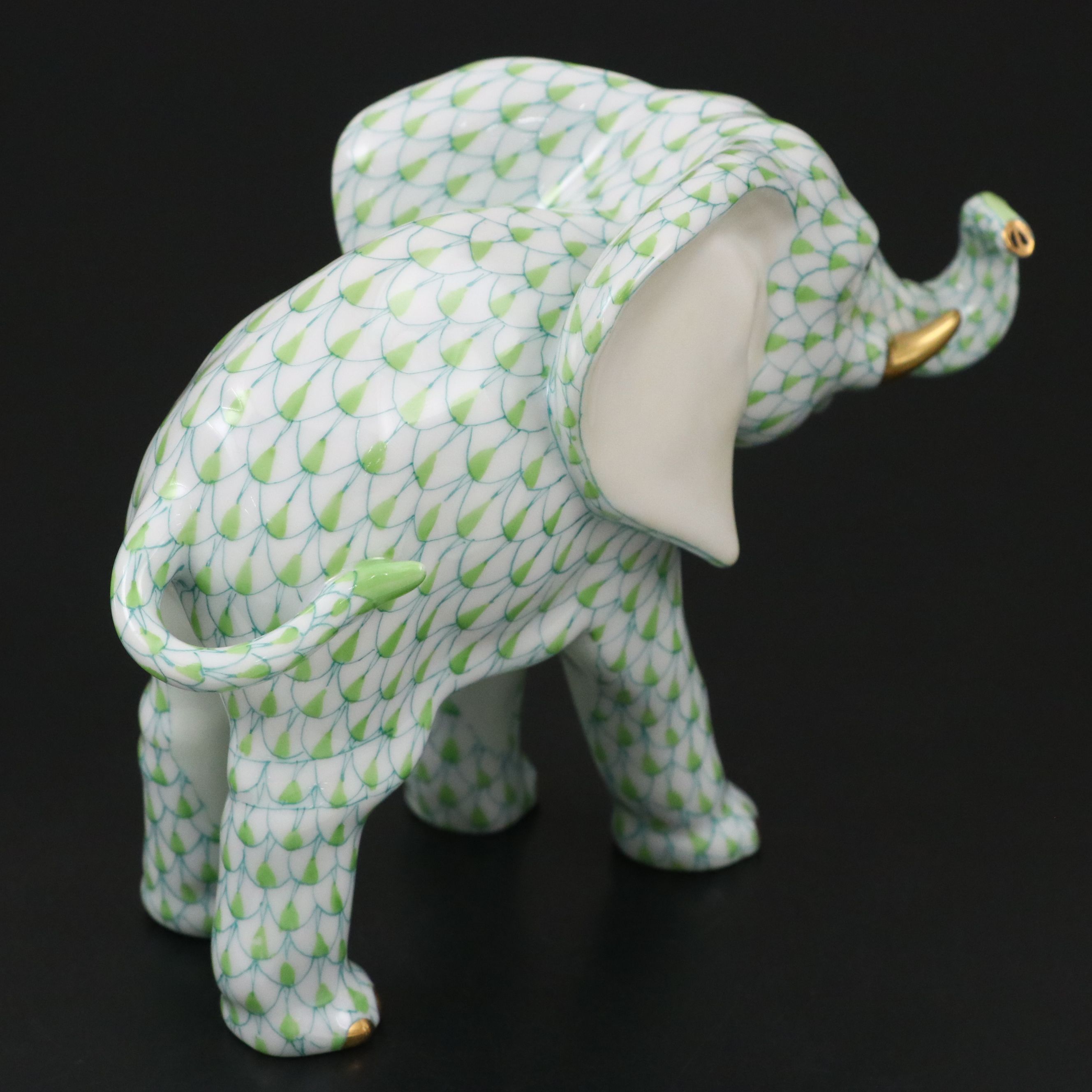 Herend Key Lime Fishnet with Gold "Roaming Elephant" Porcelain Figurine
