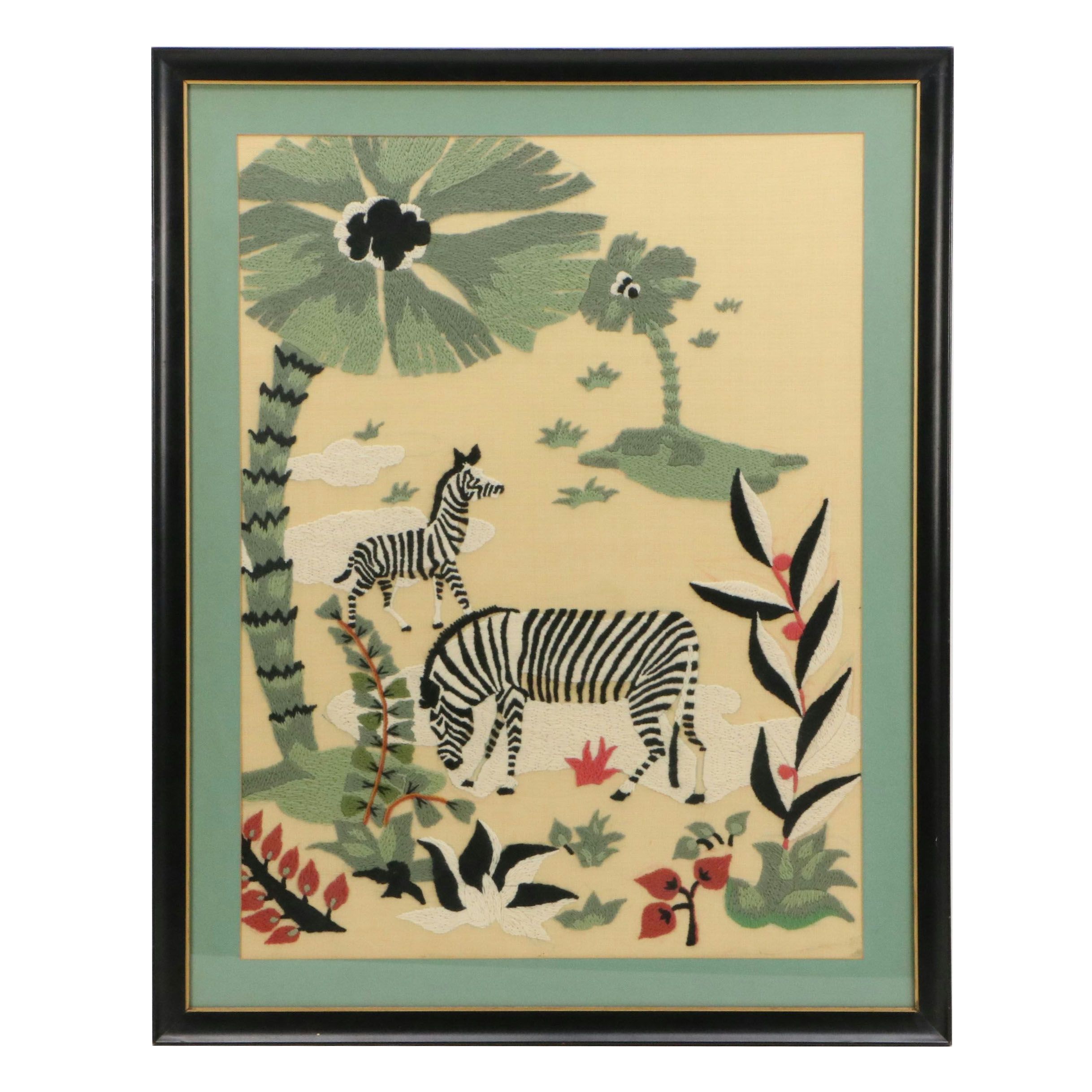 Embroidery Panel of Zebras in Forest, Late 20th Century