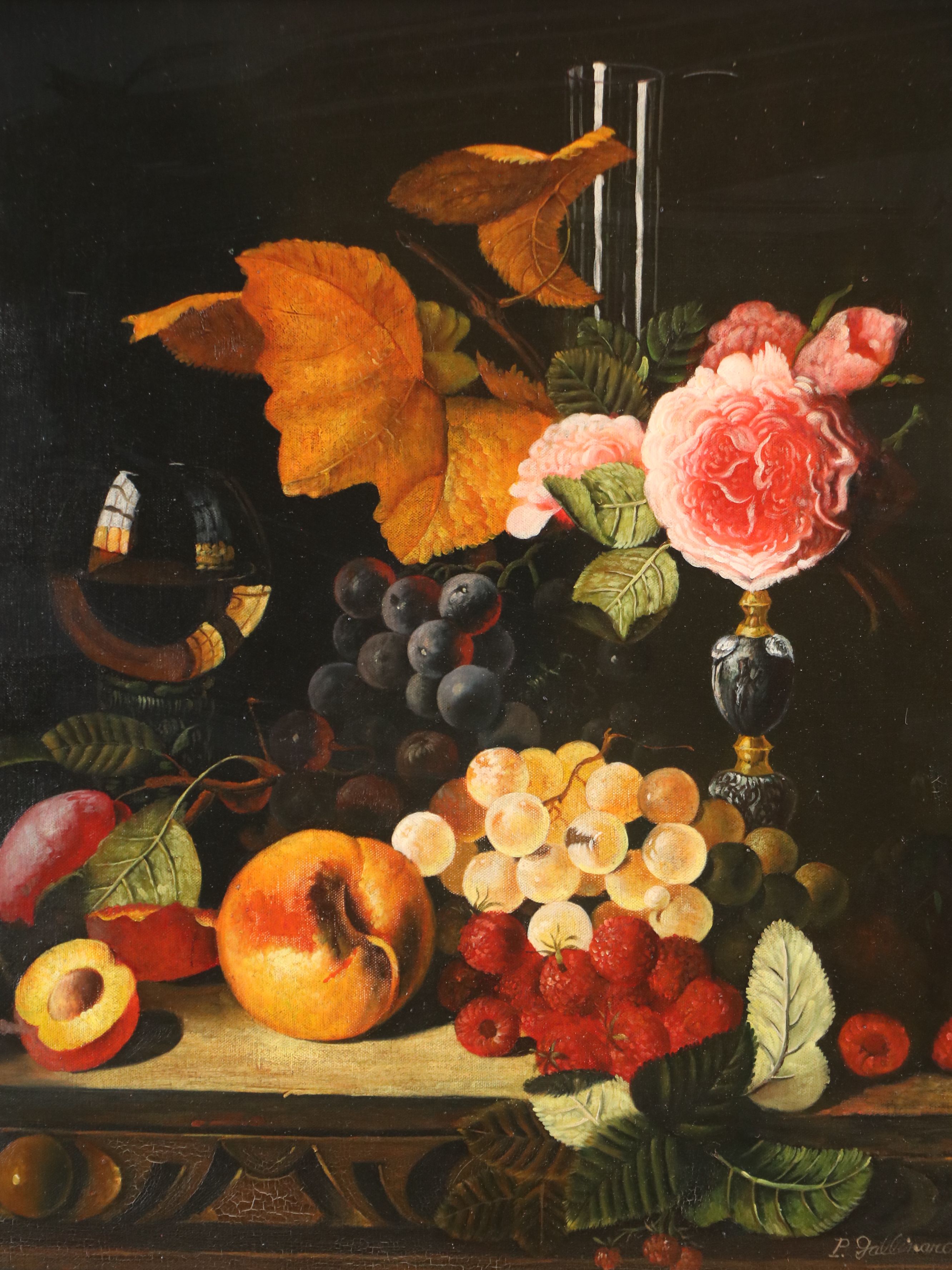 P. Gallinard Dutch Style Still Life Oil Painting with Fruit and Flowers