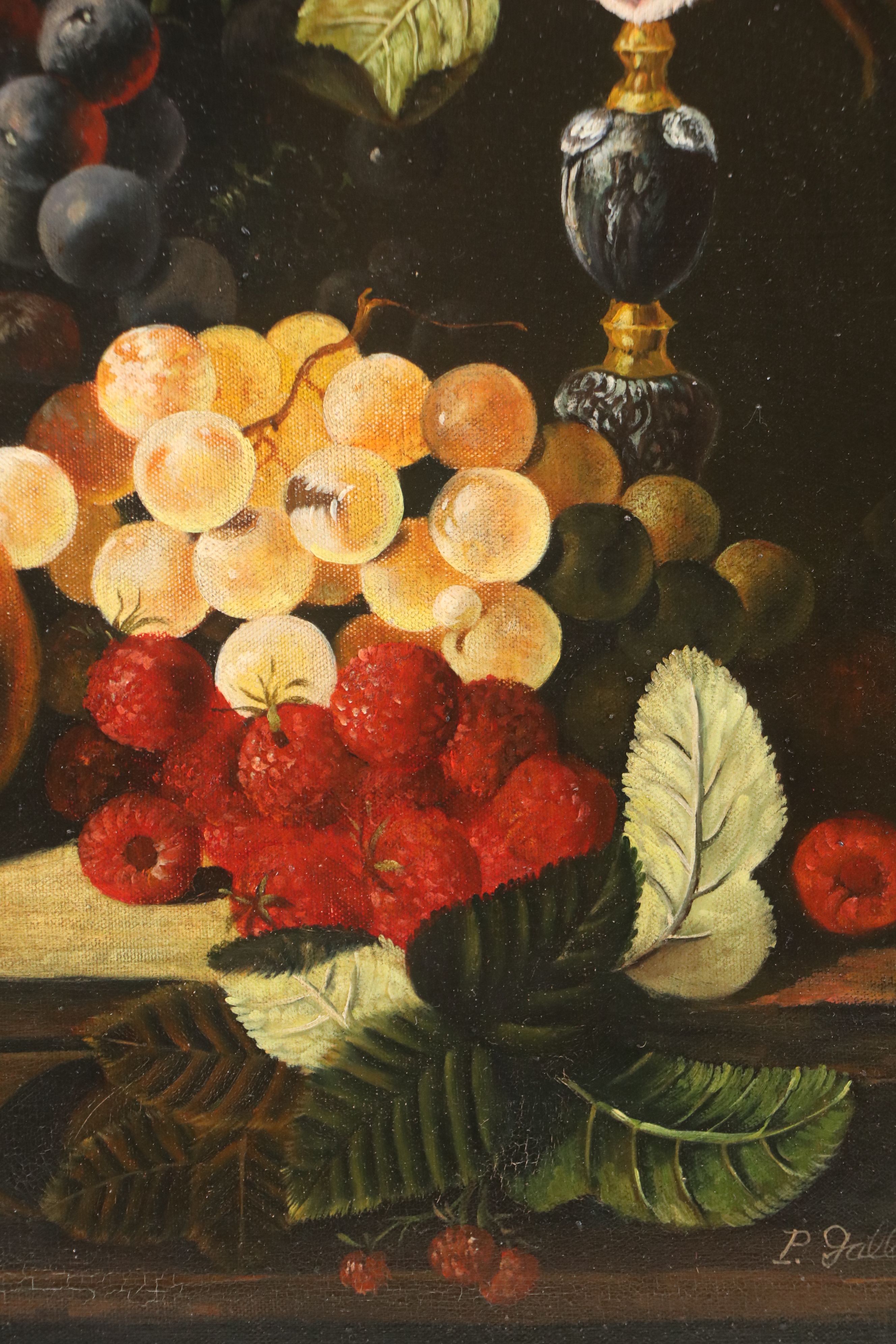 P. Gallinard Dutch Style Still Life Oil Painting with Fruit and Flowers