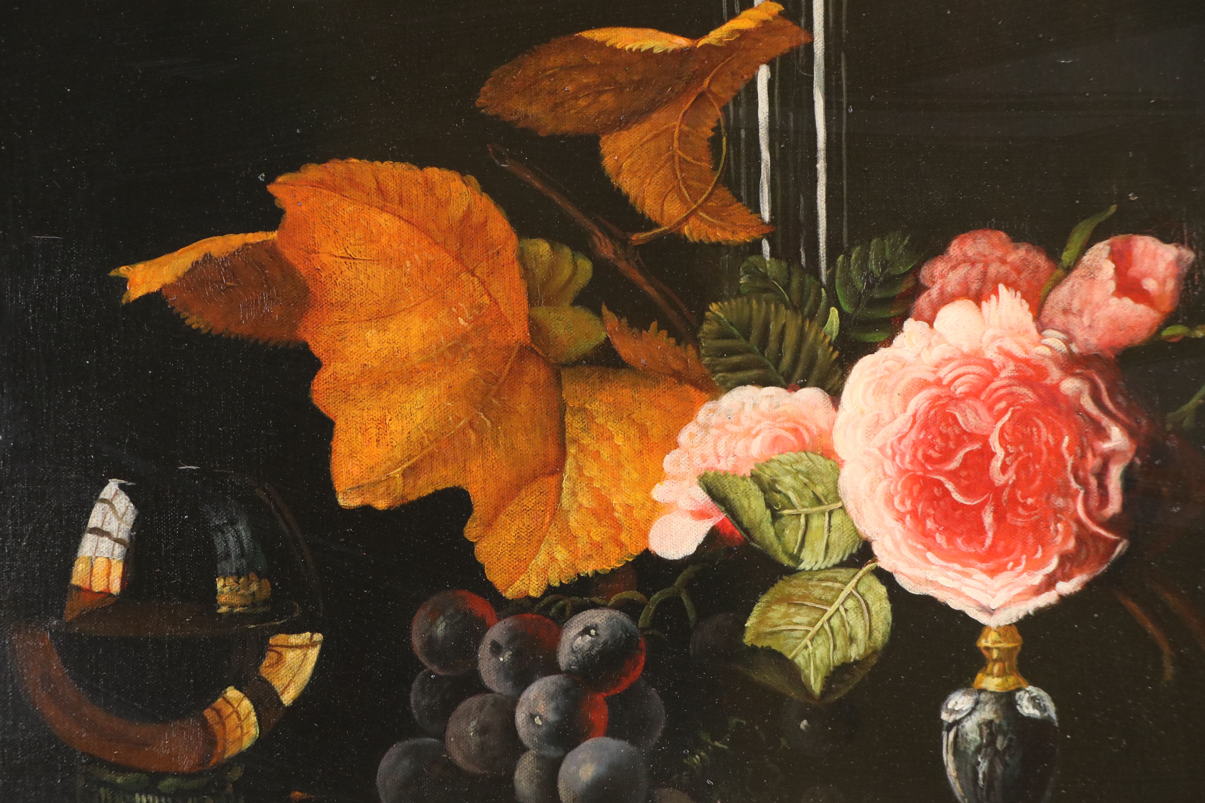 P. Gallinard Dutch Style Still Life Oil Painting with Fruit and Flowers