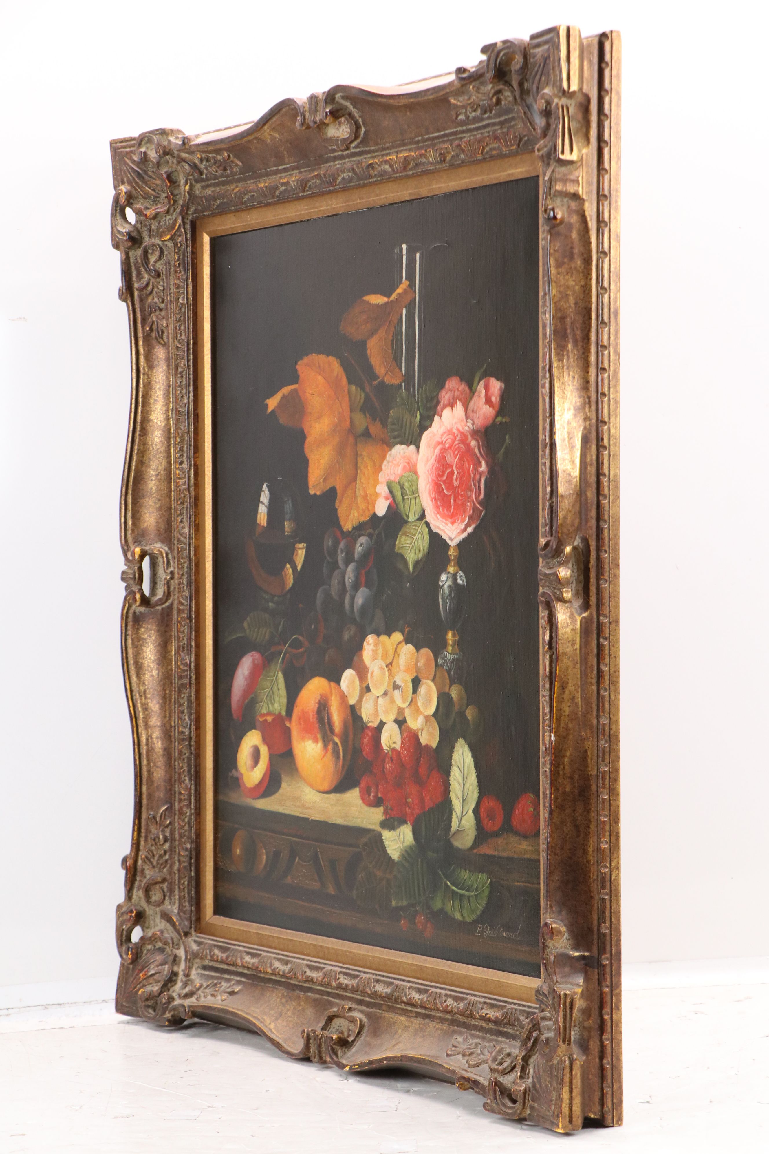 P. Gallinard Dutch Style Still Life Oil Painting with Fruit and Flowers