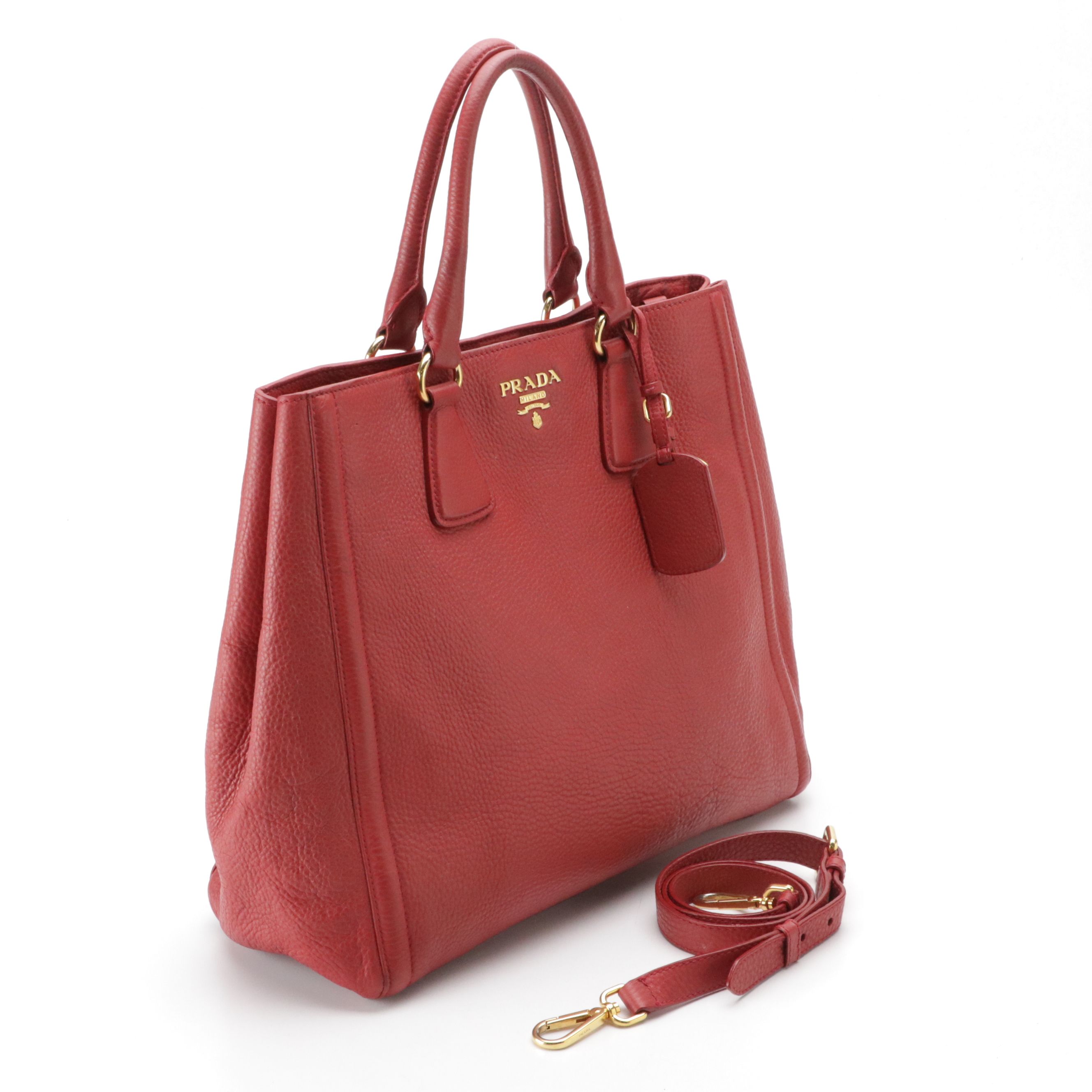 Prada Top Handle Two-Way Shopper Tote in Red Grained Leather