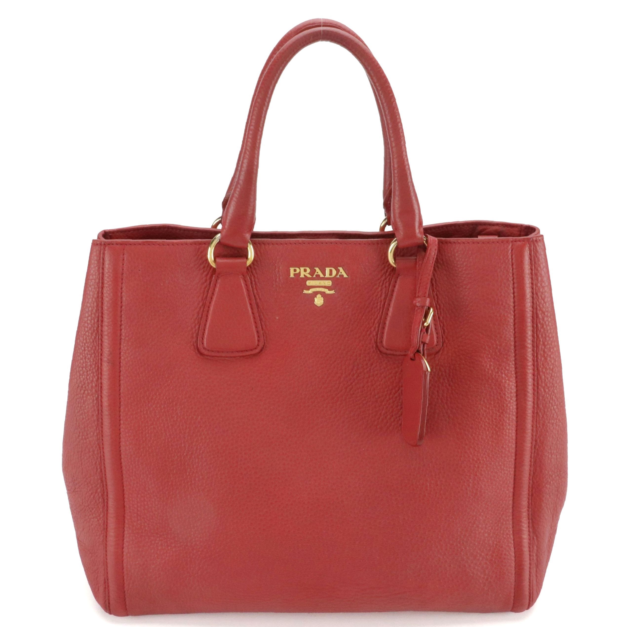 Prada Top Handle Two-Way Shopper Tote in Red Grained Leather