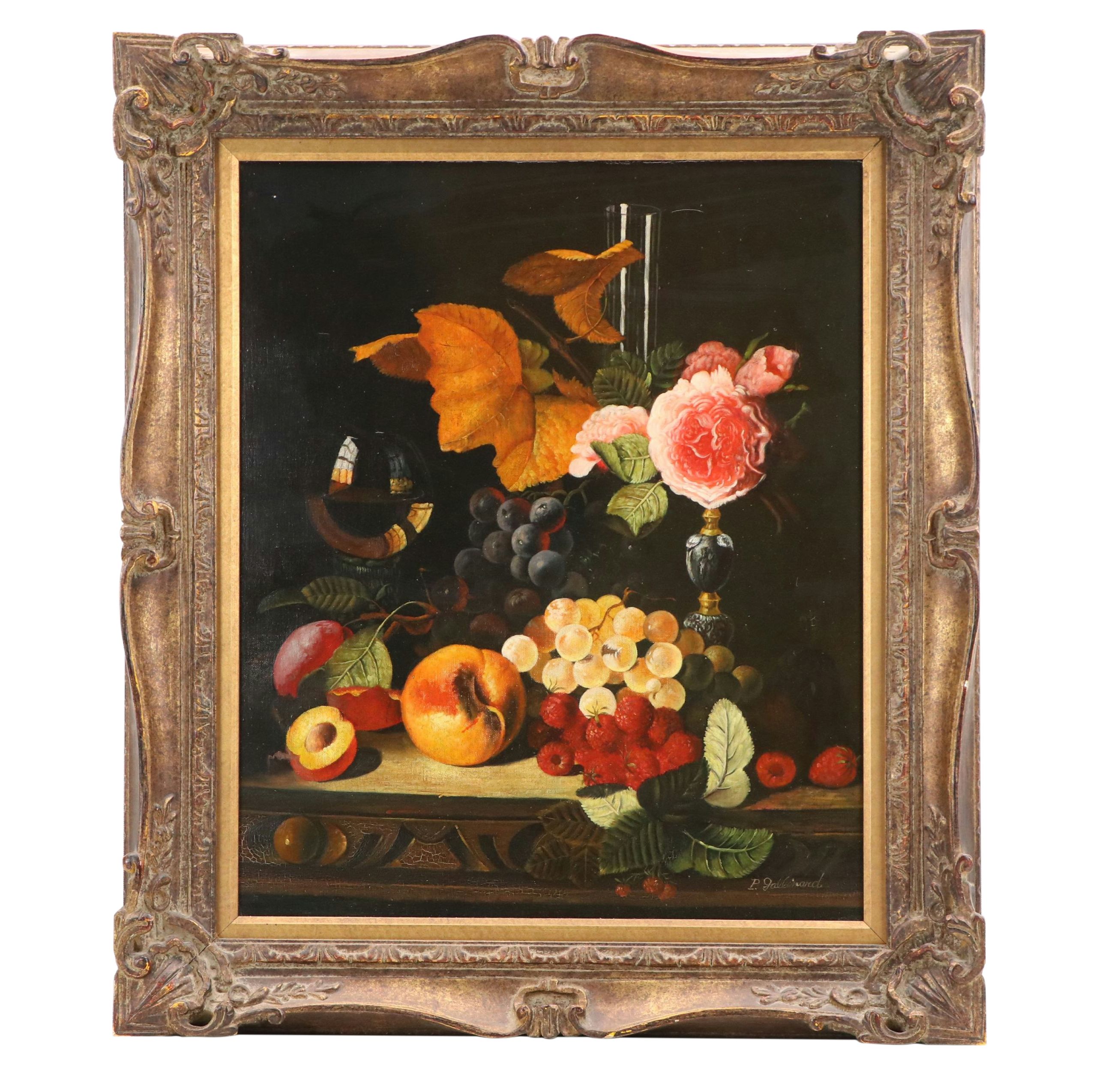 P. Gallinard Dutch Style Still Life Oil Painting with Fruit and Flowers