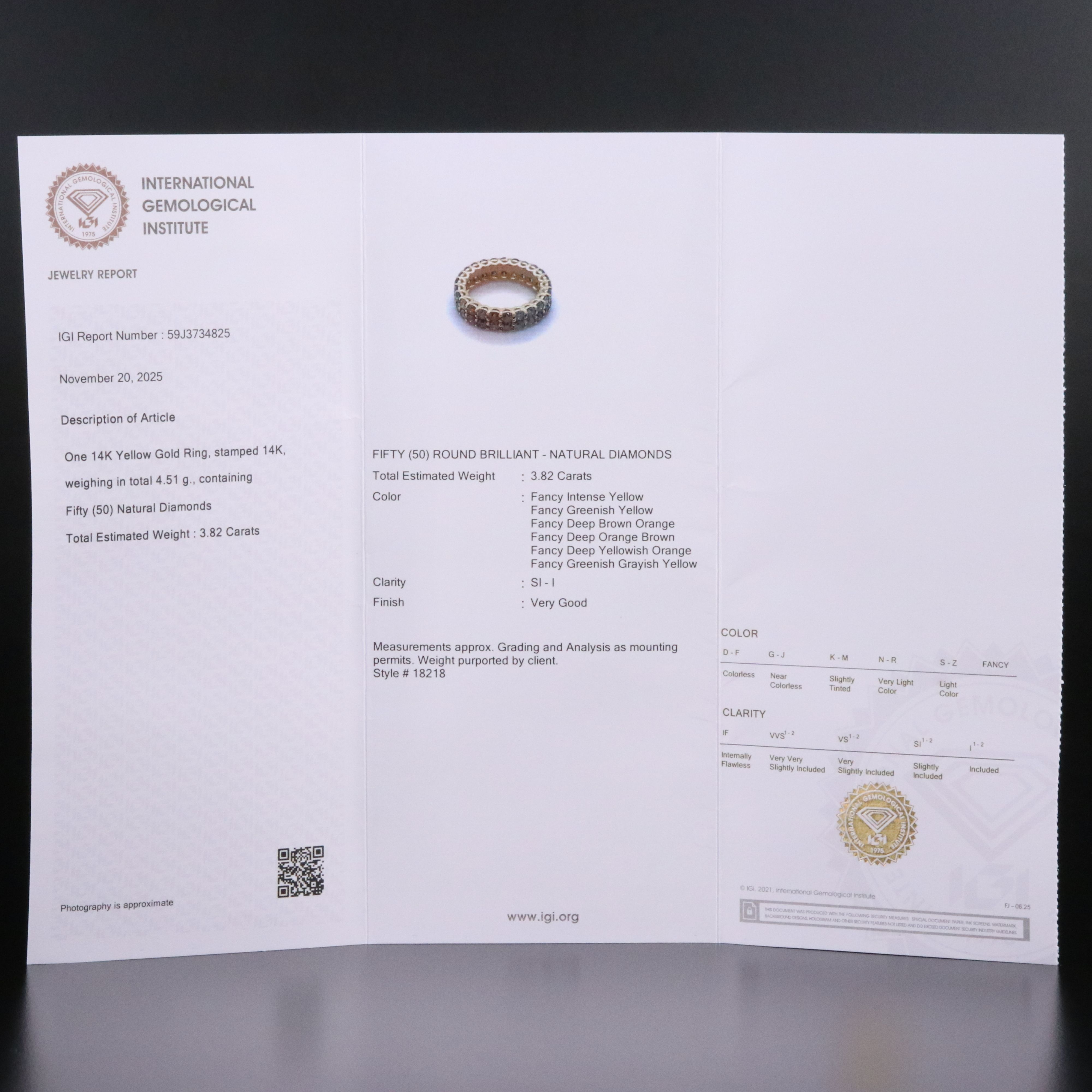 14K 3.82 CTW Diamond Eternity Ring Featuring Fancy Colors and IGI Jewelry Report