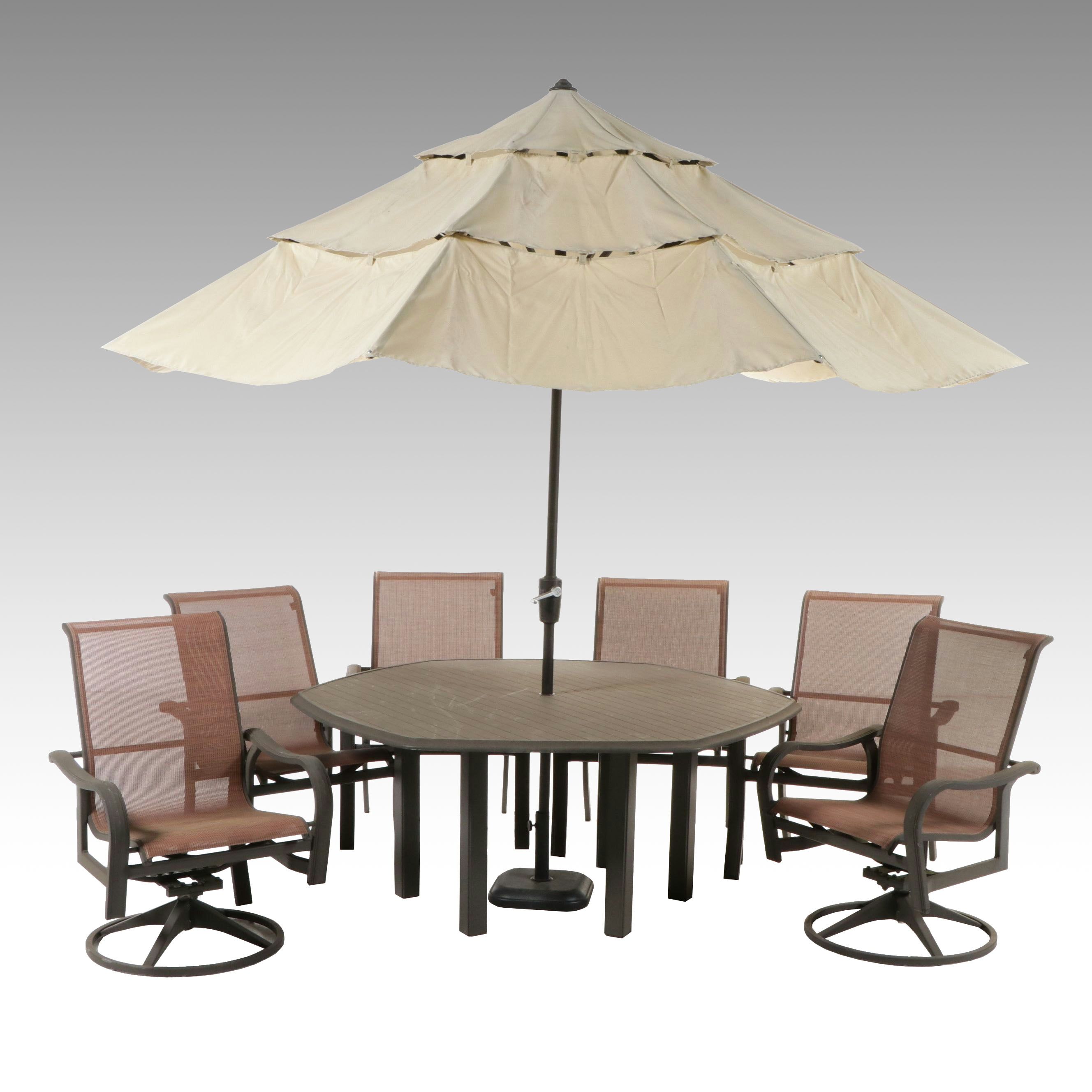 Contemporary Seven-Piece Patio Dining Set with Umbrella