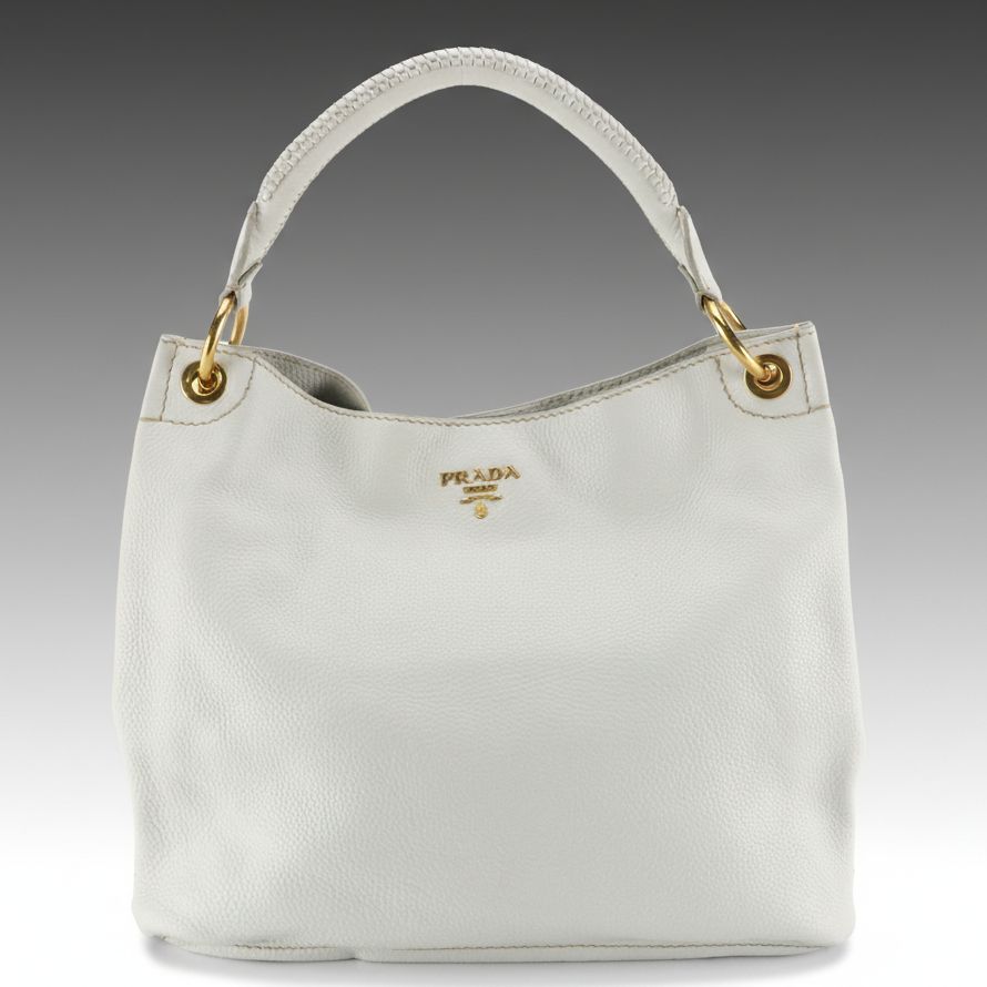 Prada Large Hobo Bag in White Vitello Daino Leather