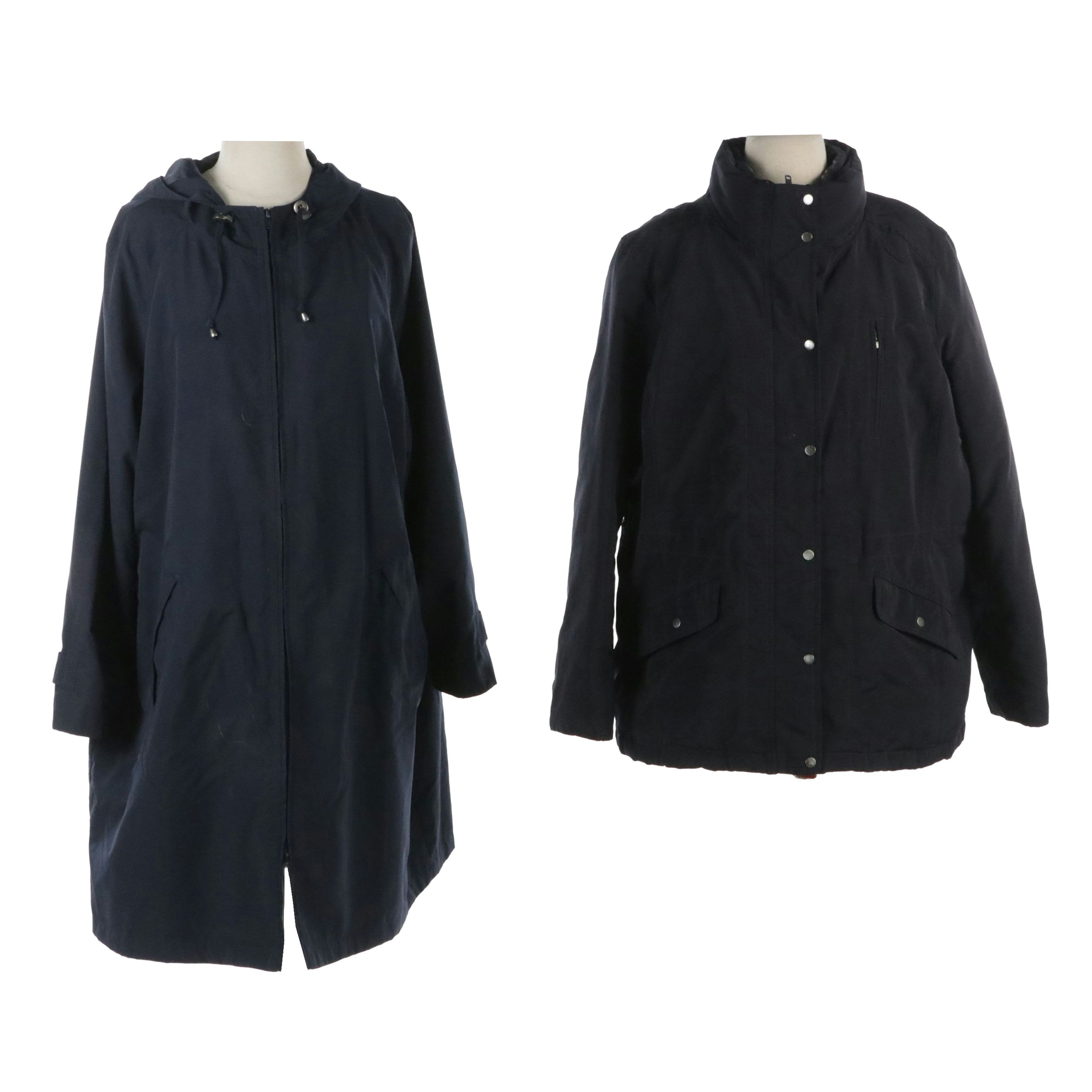 Talbots Blue Nylon Winter Coat and L.L. Bean Mid-Length Hooded Raincoat