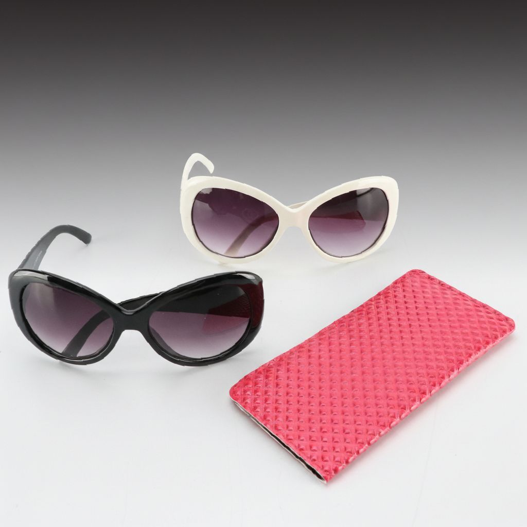 Black and White Oversized Round Sunglasses with Hot Pink Case