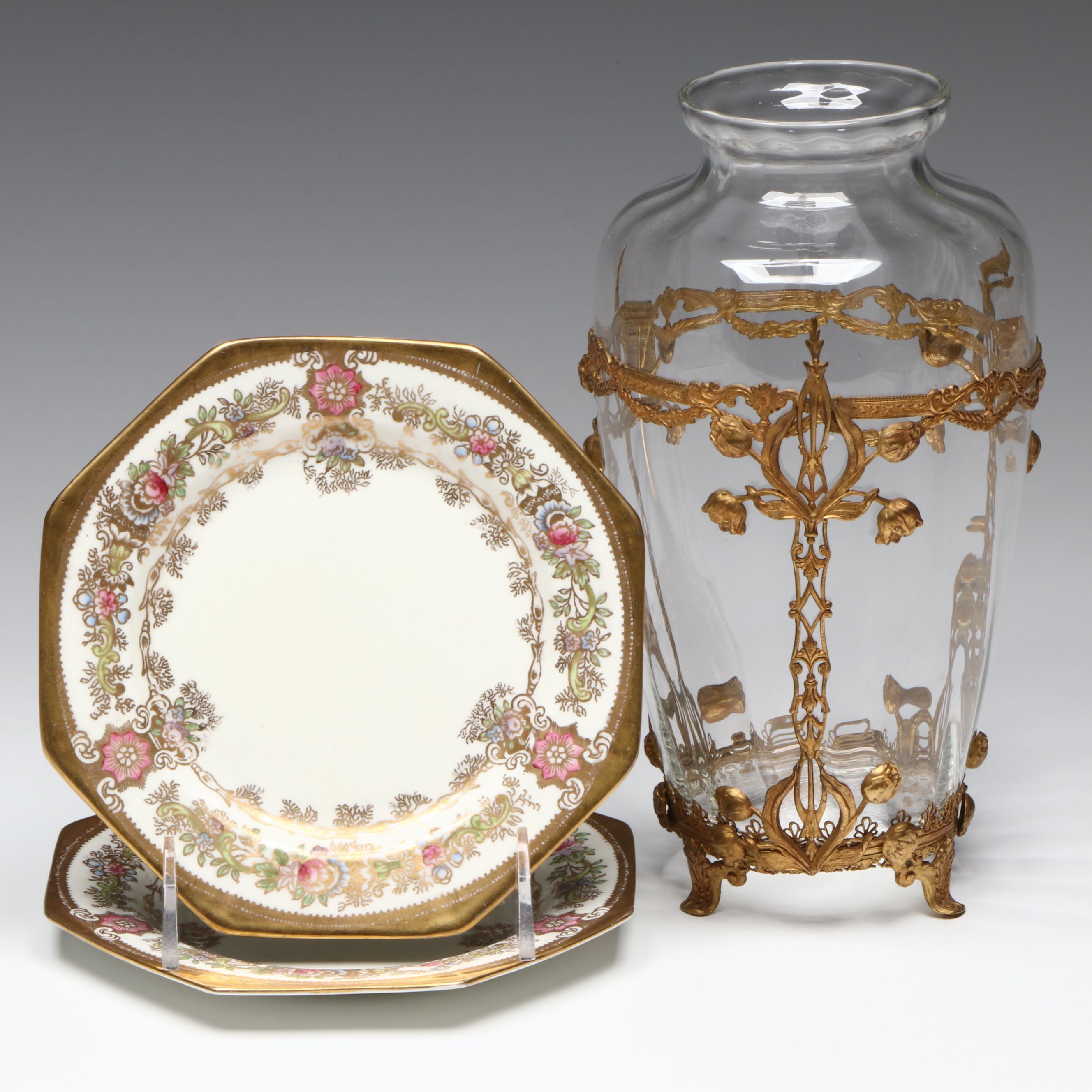 Royal Stafford Floral Bone China Plates with Gilt Metal Mounted Glass Vase