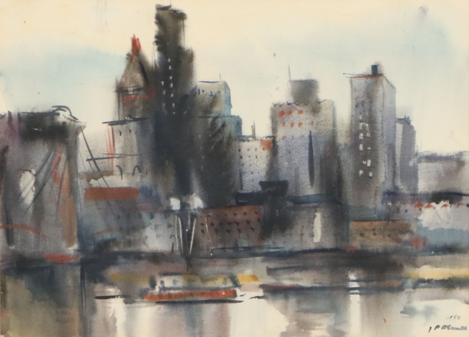Jesse Philip Olmes Stylized Cincinnati Cityscape Watercolor Painting, 1950
