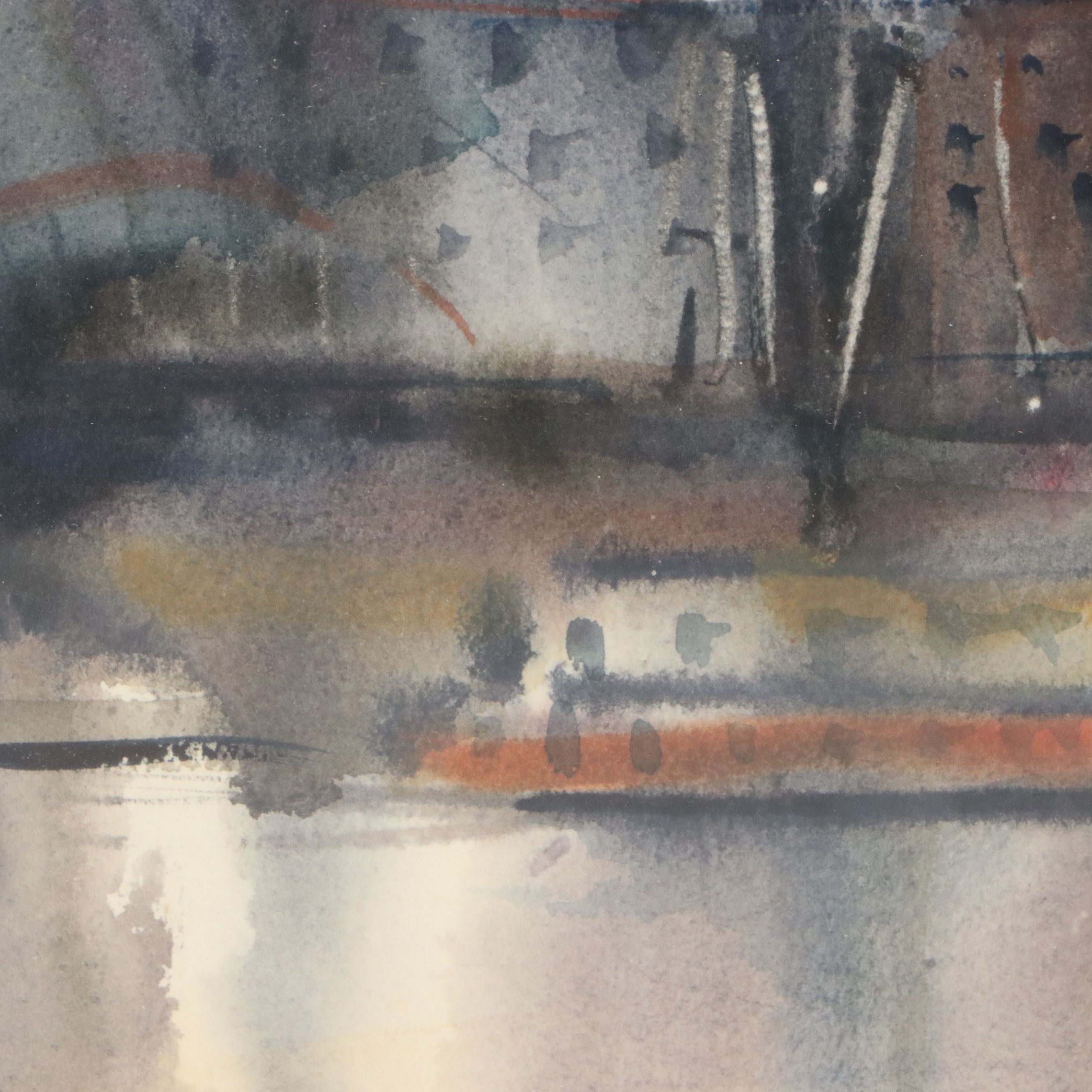 Jesse Philip Olmes Stylized Cincinnati Cityscape Watercolor Painting, 1950