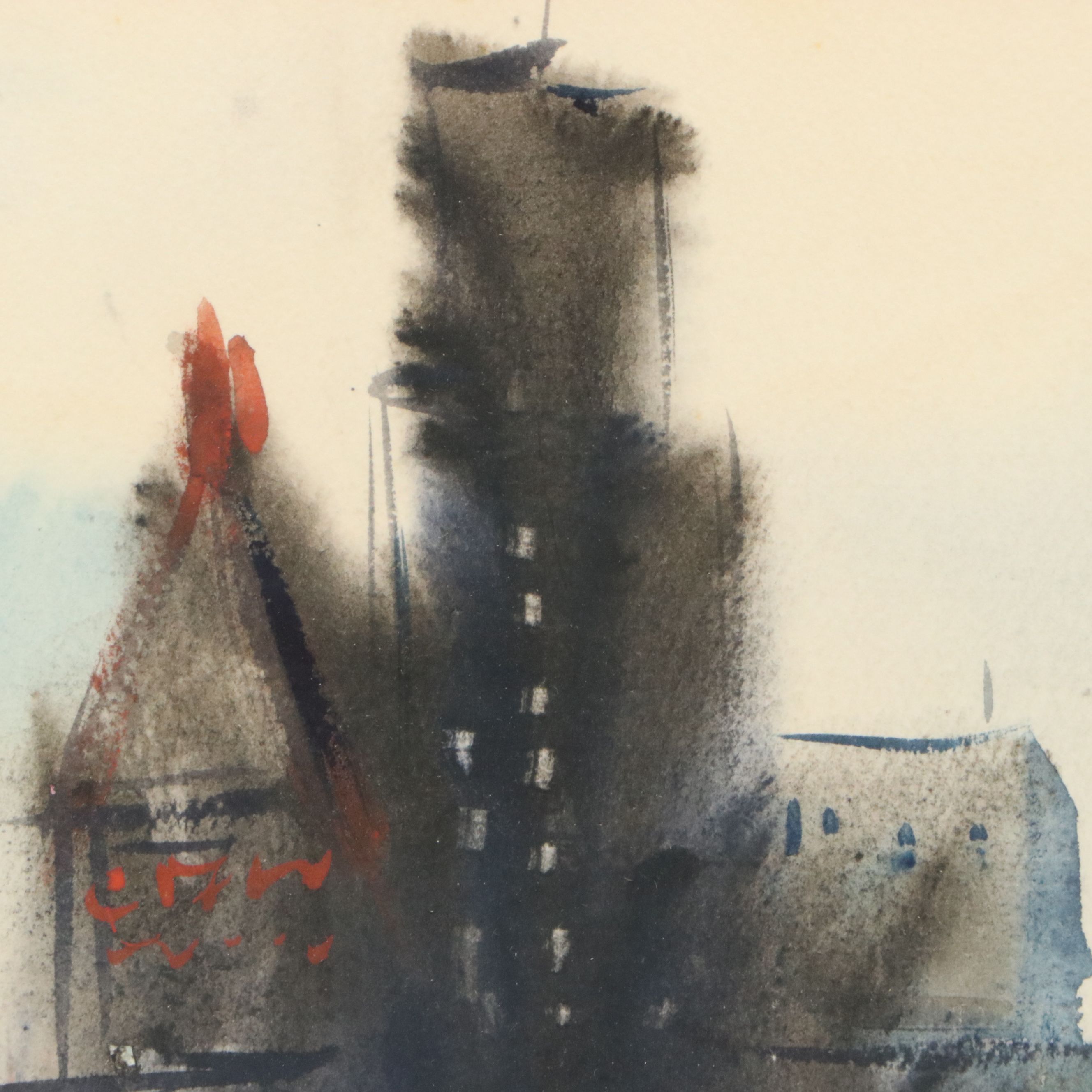 Jesse Philip Olmes Stylized Cincinnati Cityscape Watercolor Painting, 1950