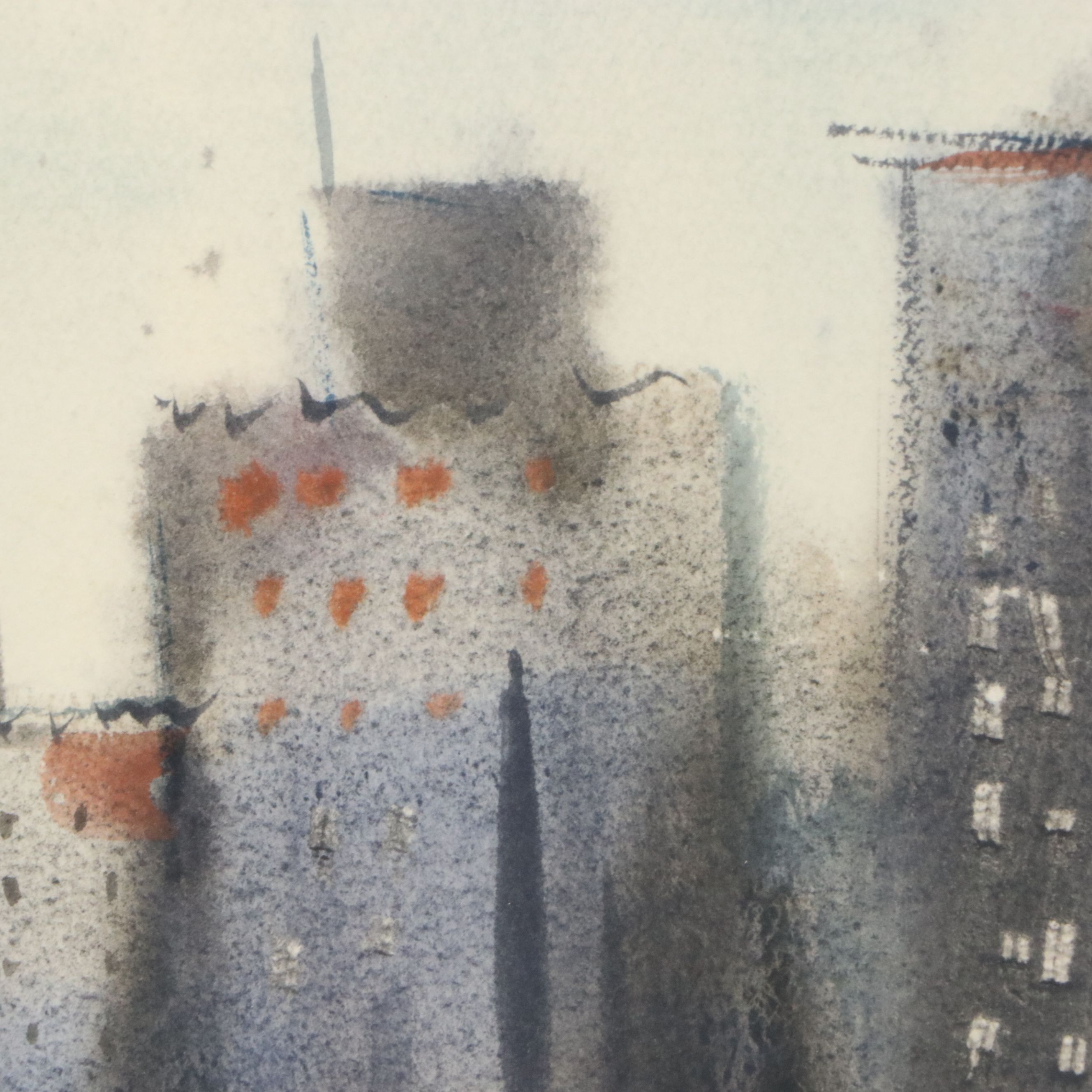 Jesse Philip Olmes Stylized Cincinnati Cityscape Watercolor Painting, 1950