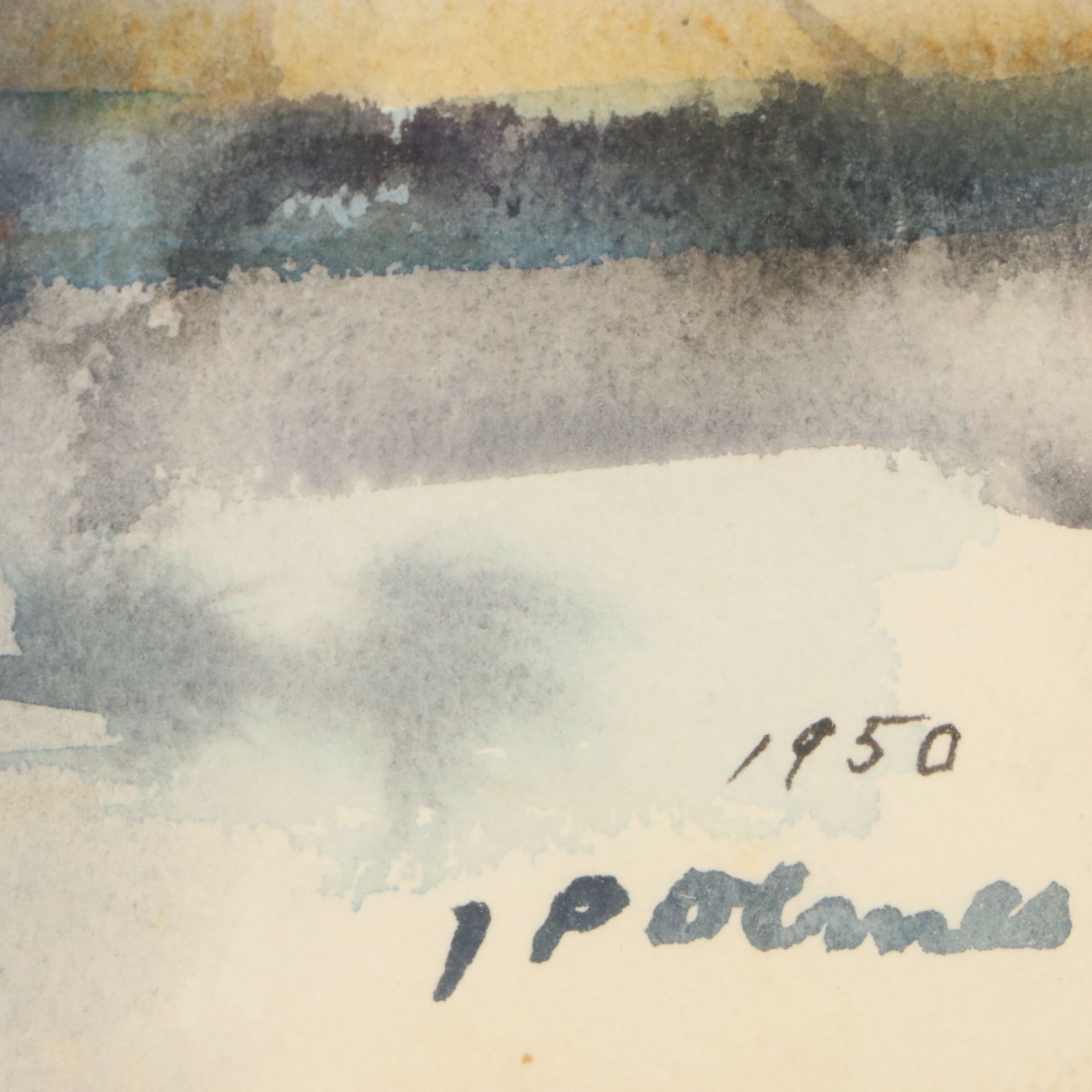 Jesse Philip Olmes Stylized Cincinnati Cityscape Watercolor Painting, 1950