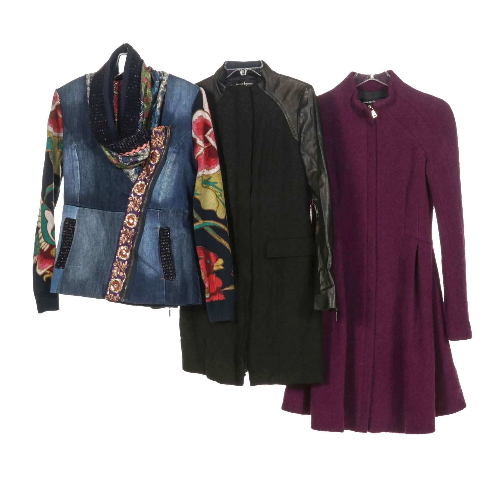 Desigual Denim Jacket with Nanette Lepore Raspberry Wool & Leather Sleeve Coats
