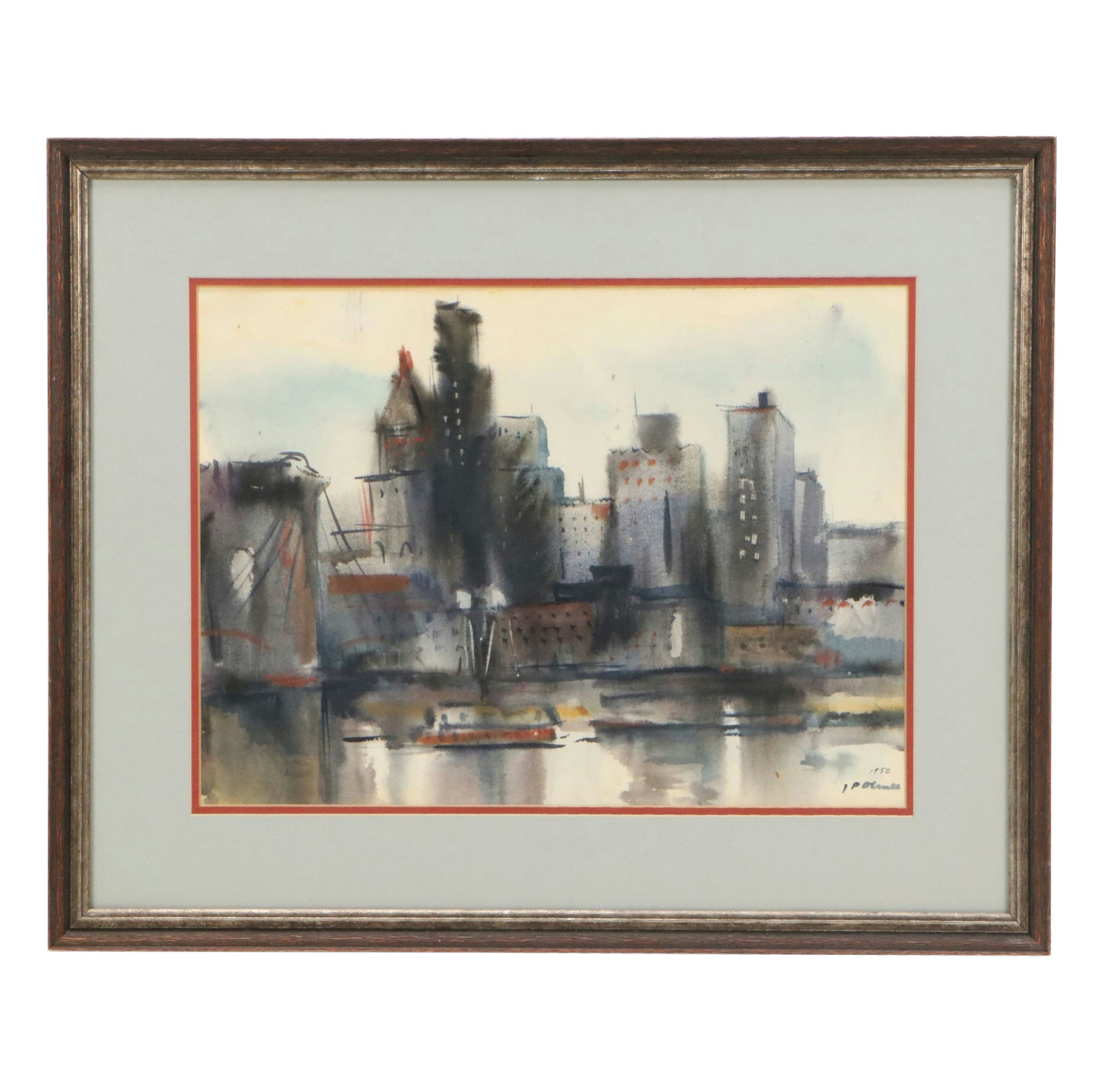Jesse Philip Olmes Stylized Cincinnati Cityscape Watercolor Painting, 1950