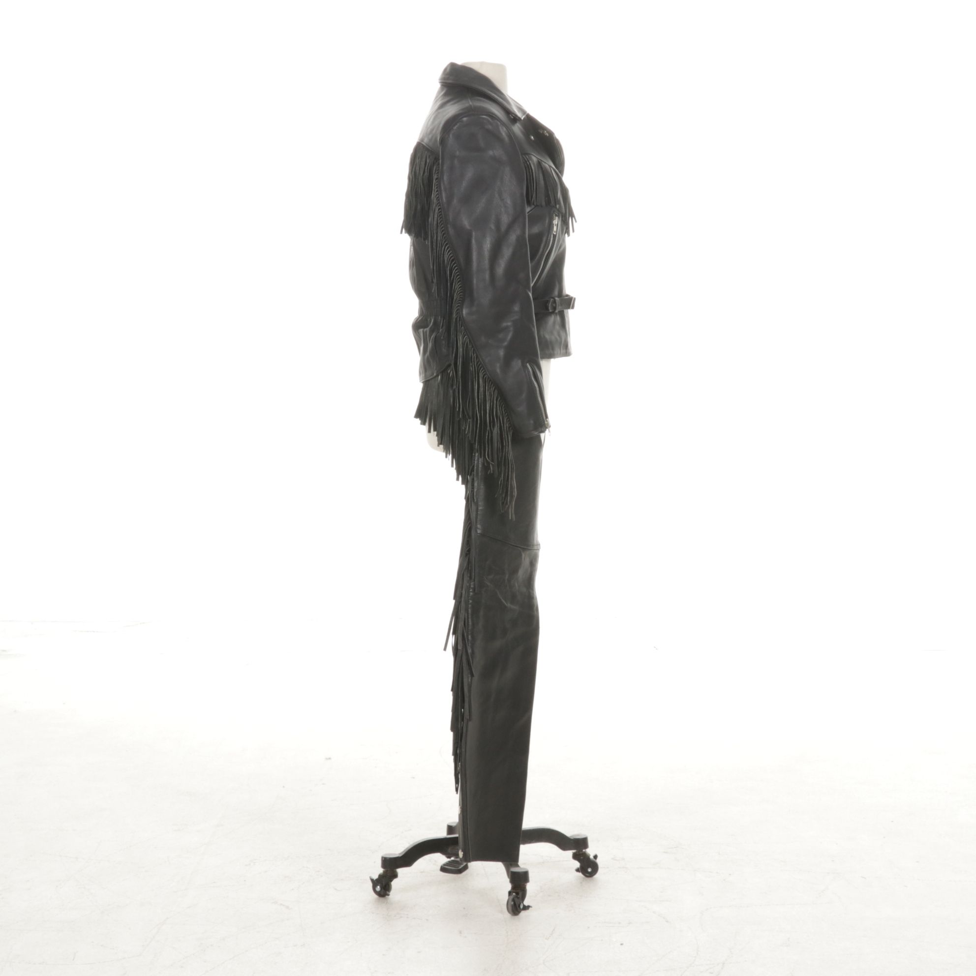 Harley-Davidson Fringe Black Cowhide Leather Motorcycle Jacket with Riding Chaps