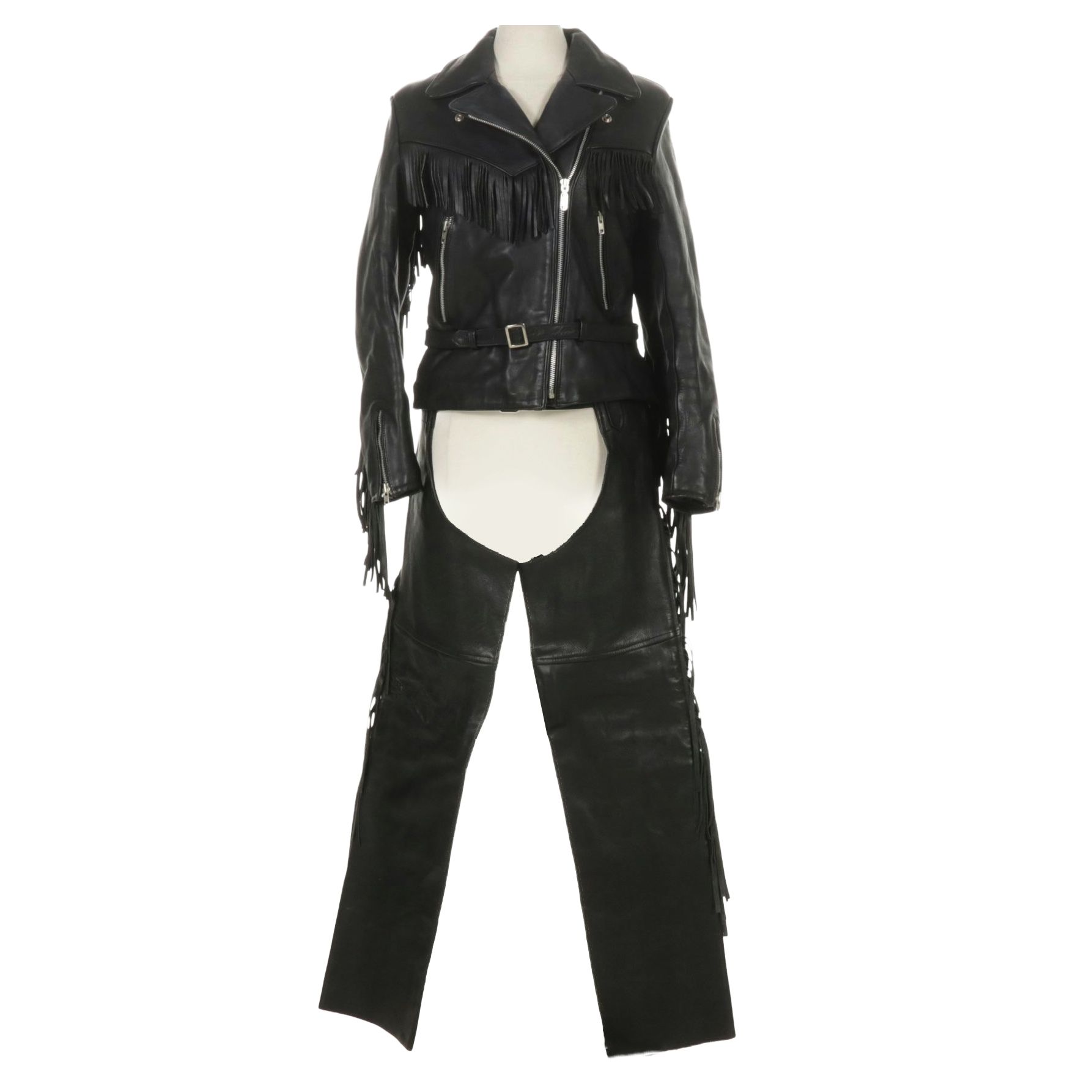 Harley-Davidson Fringe Black Cowhide Leather Motorcycle Jacket with Riding Chaps