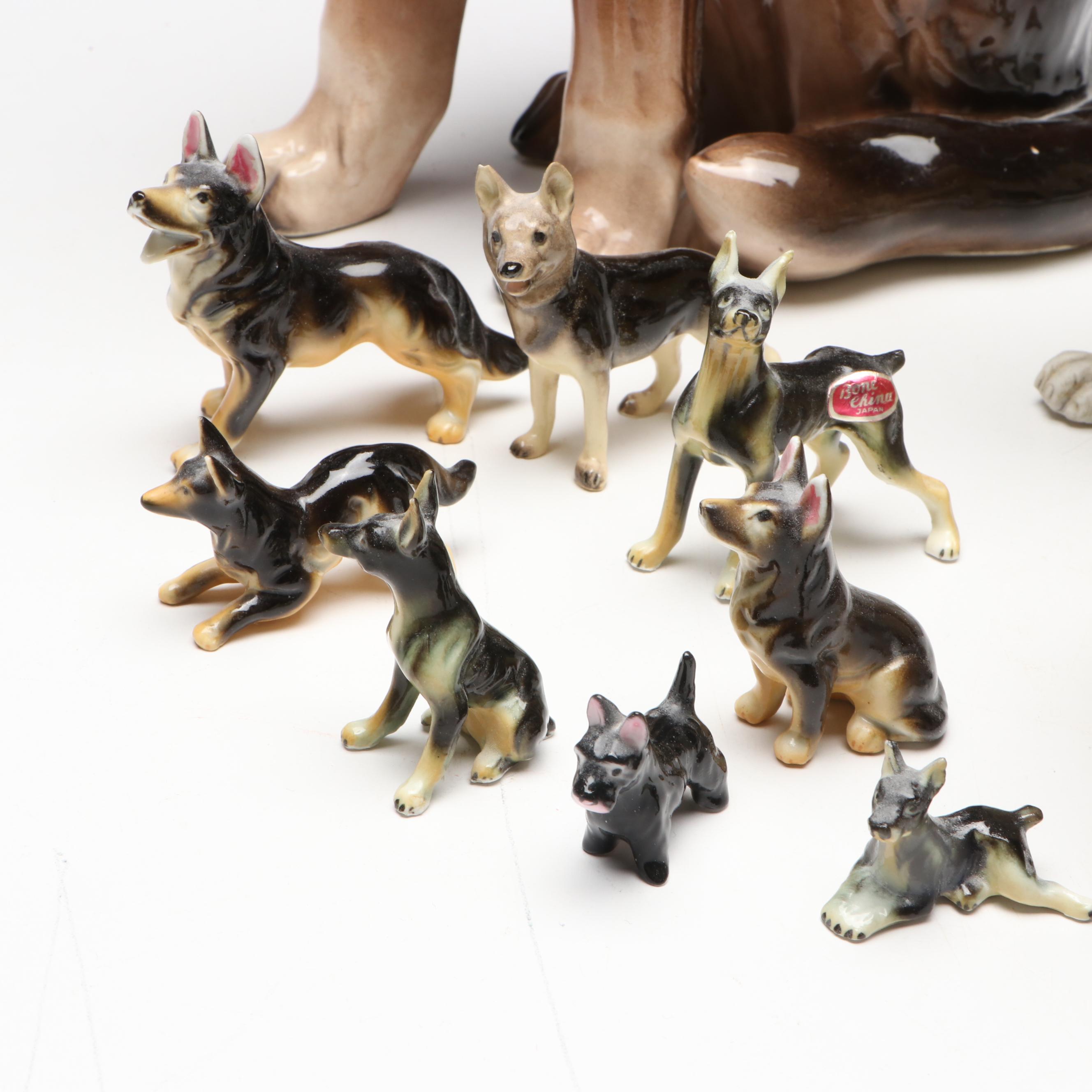 Shafford Porcelain German Shepherd Figure with Other Ceramic Dog Figures