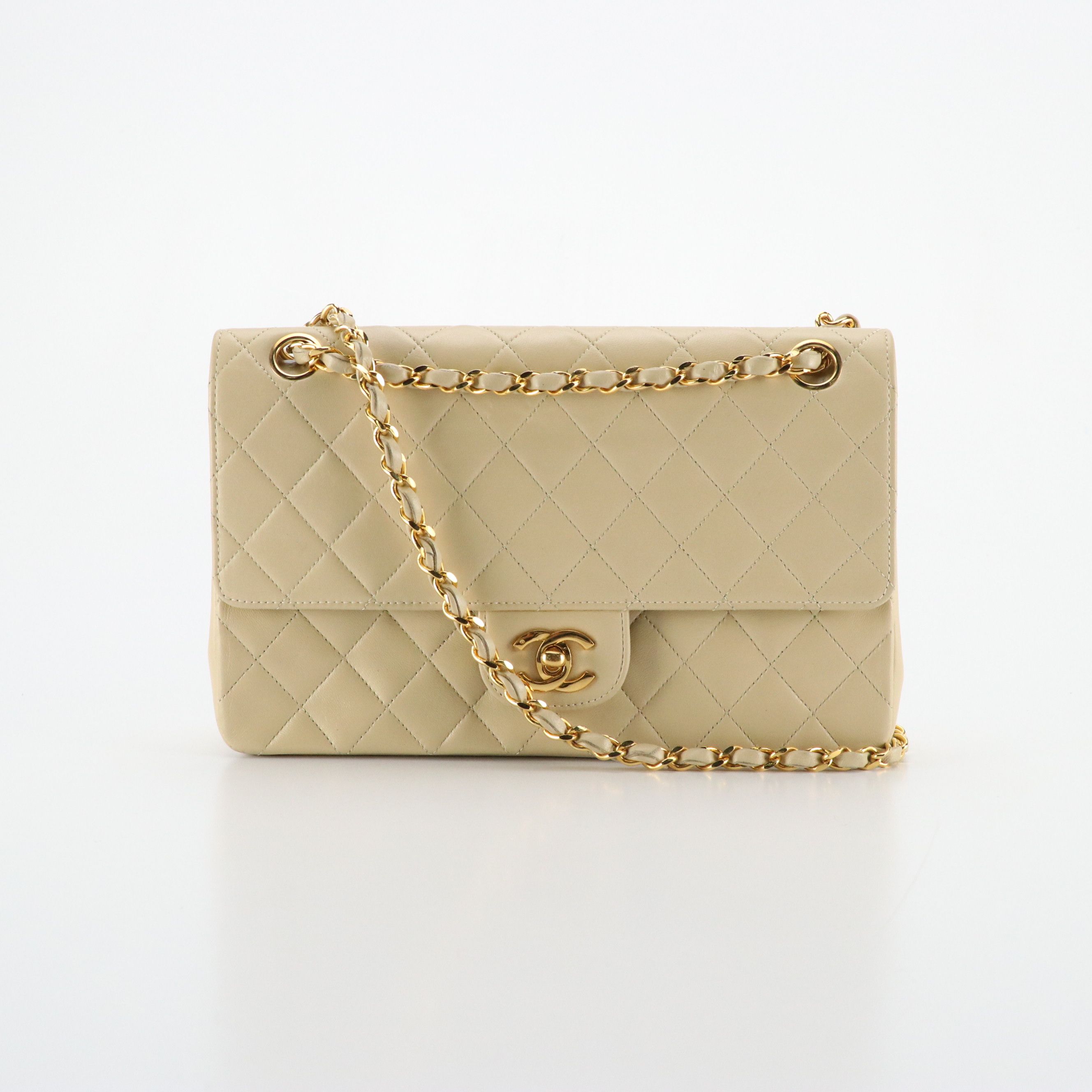 Chanel Beige Matelassé Lambskin Leather Classic Double Flap Shoulder Bag
