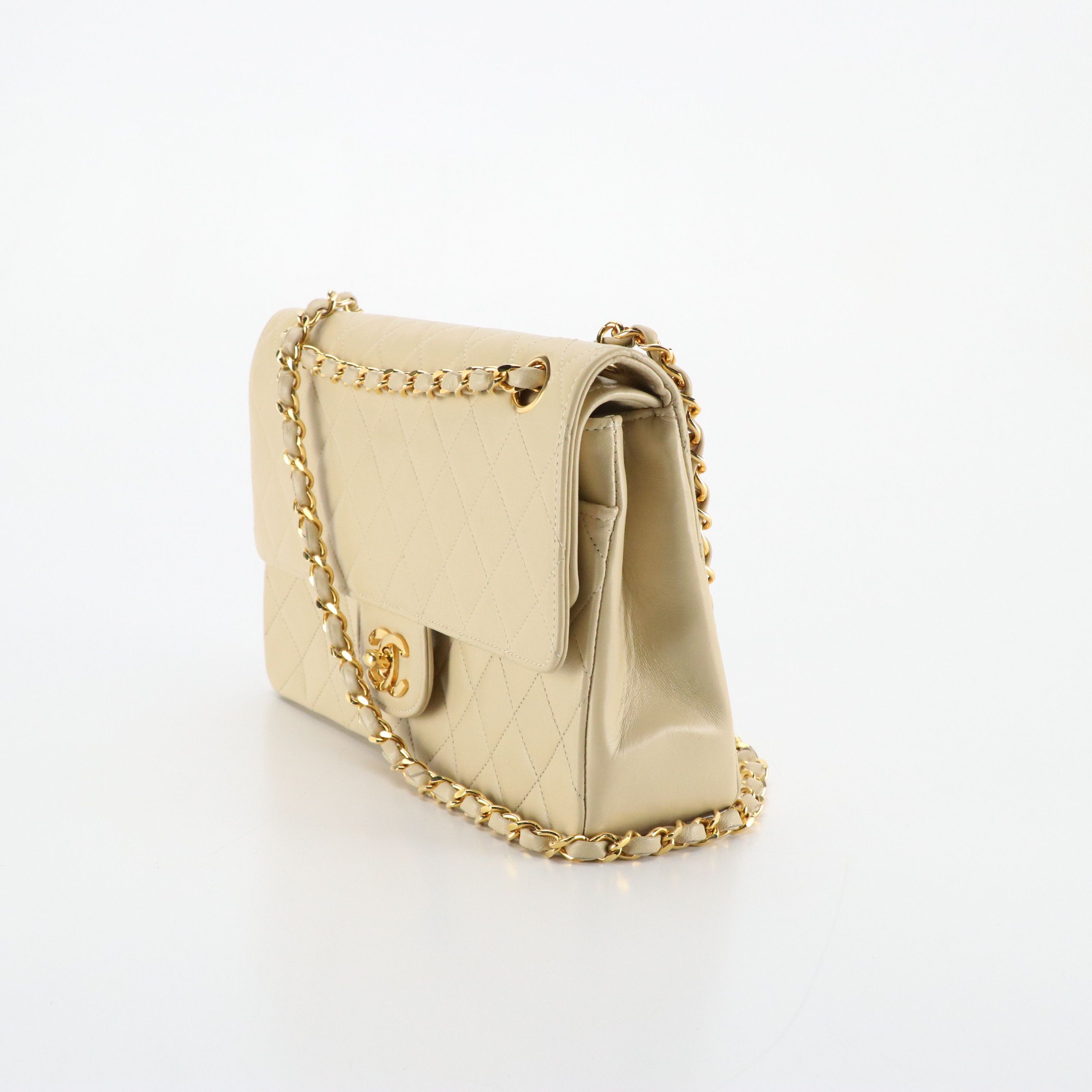 Chanel Beige Matelassé Lambskin Leather Classic Double Flap Shoulder Bag