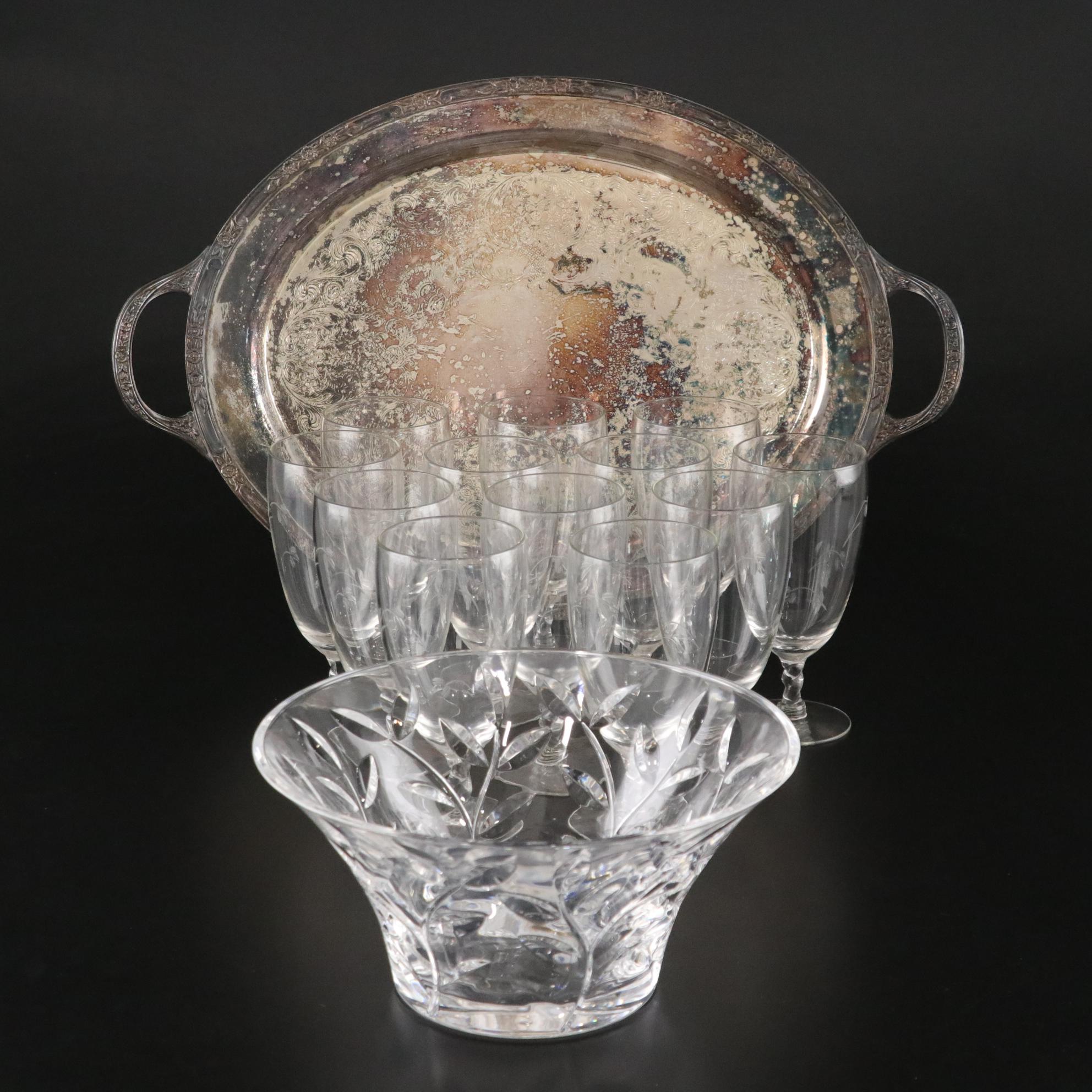 Silver Plate Serving Tray with Etched Wine Glasses & Bowl