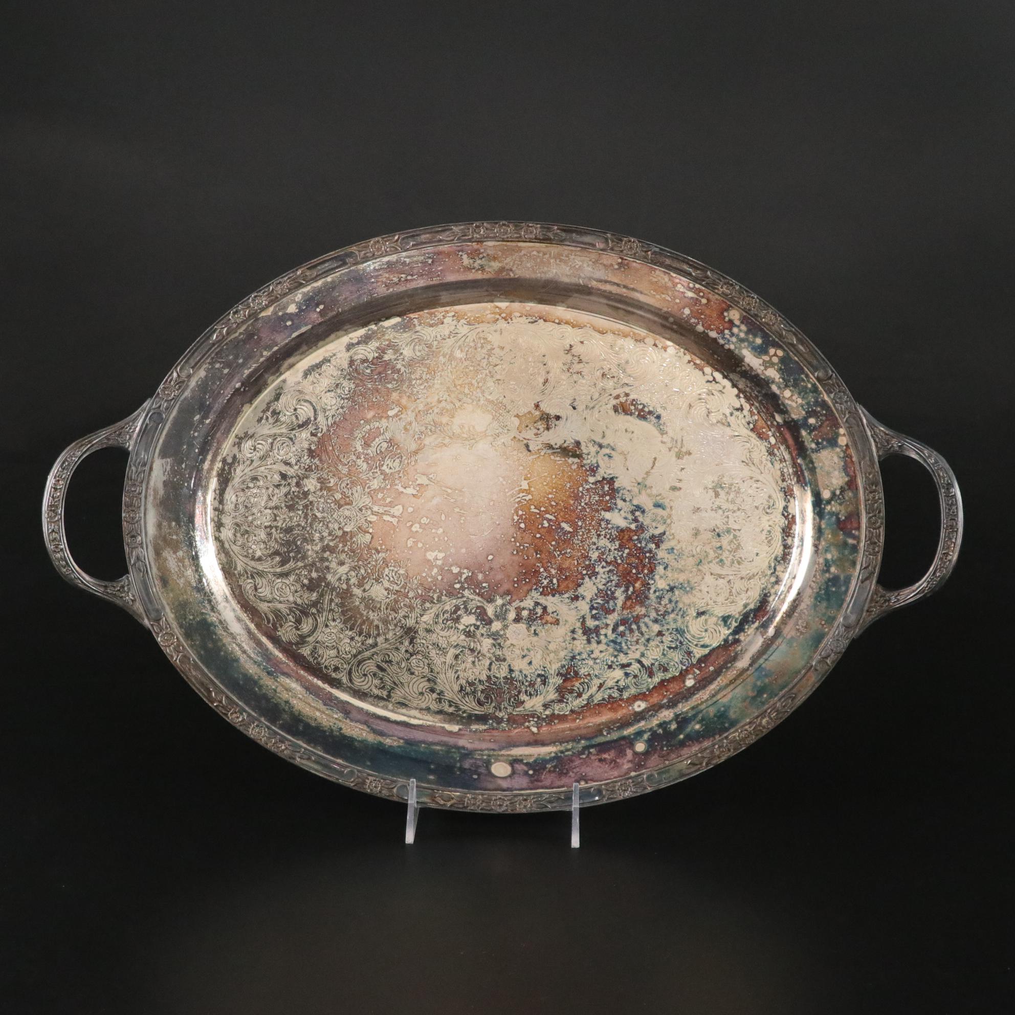 Silver Plate Serving Tray with Etched Wine Glasses & Bowl