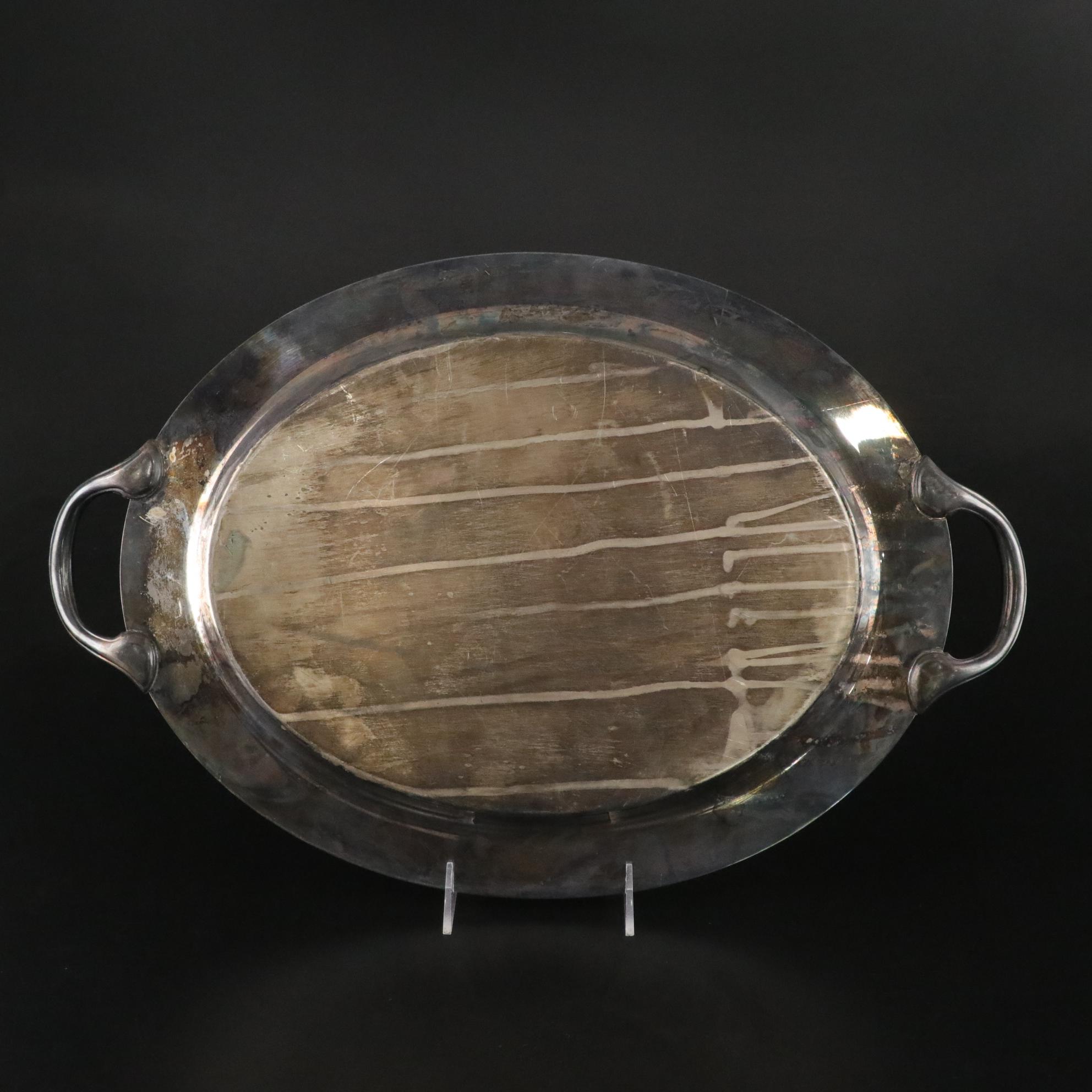 Silver Plate Serving Tray with Etched Wine Glasses & Bowl