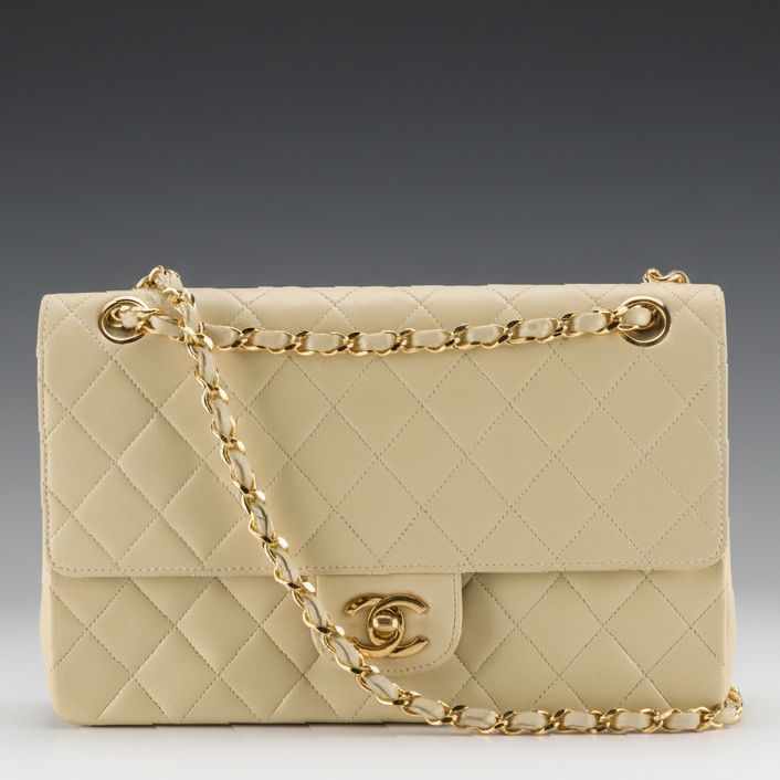 Chanel Beige Matelassé Lambskin Leather Classic Double Flap Shoulder Bag