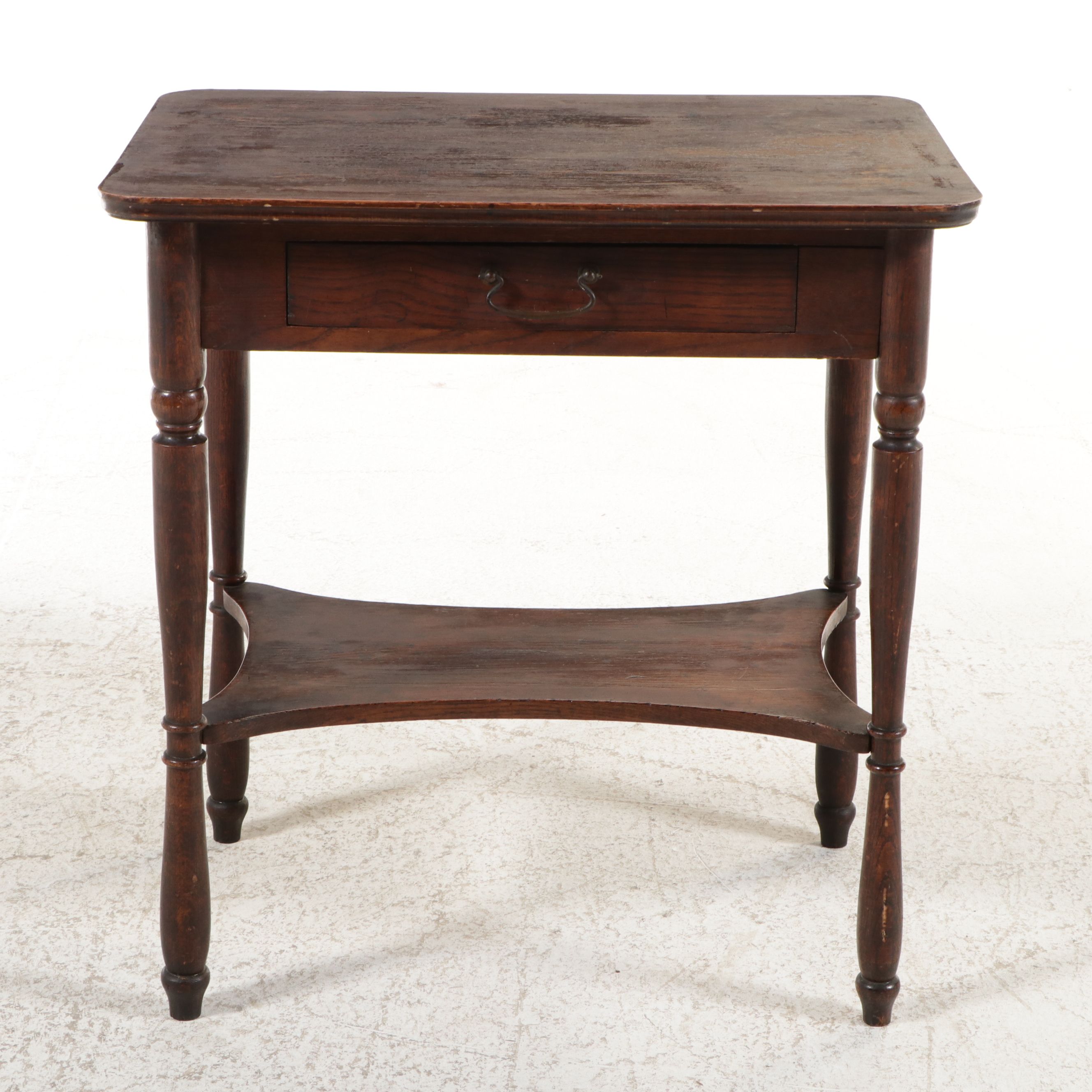 Edwardian Oak Library Table with Drawer and Lower Shelf