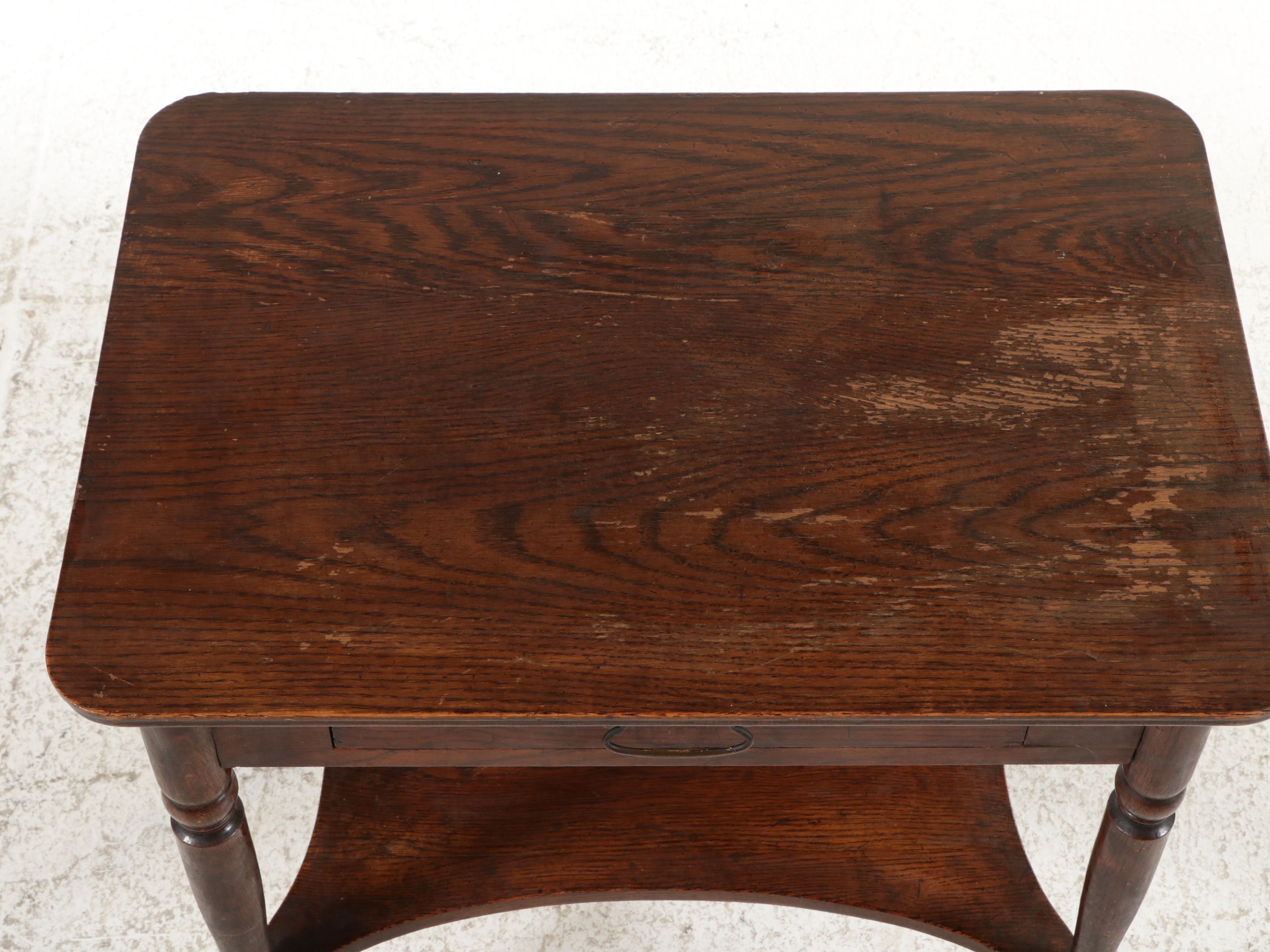 Edwardian Oak Library Table with Drawer and Lower Shelf