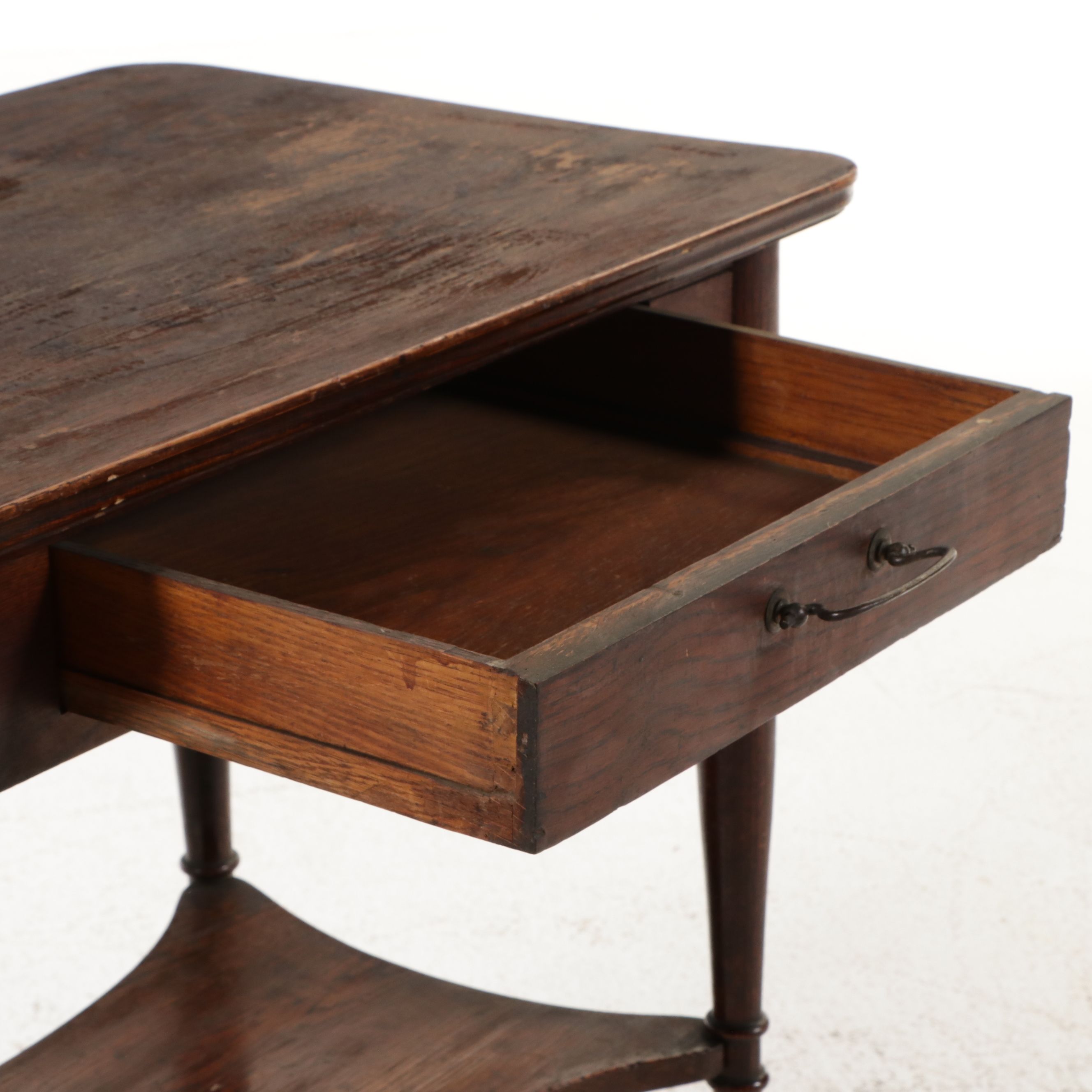 Edwardian Oak Library Table with Drawer and Lower Shelf