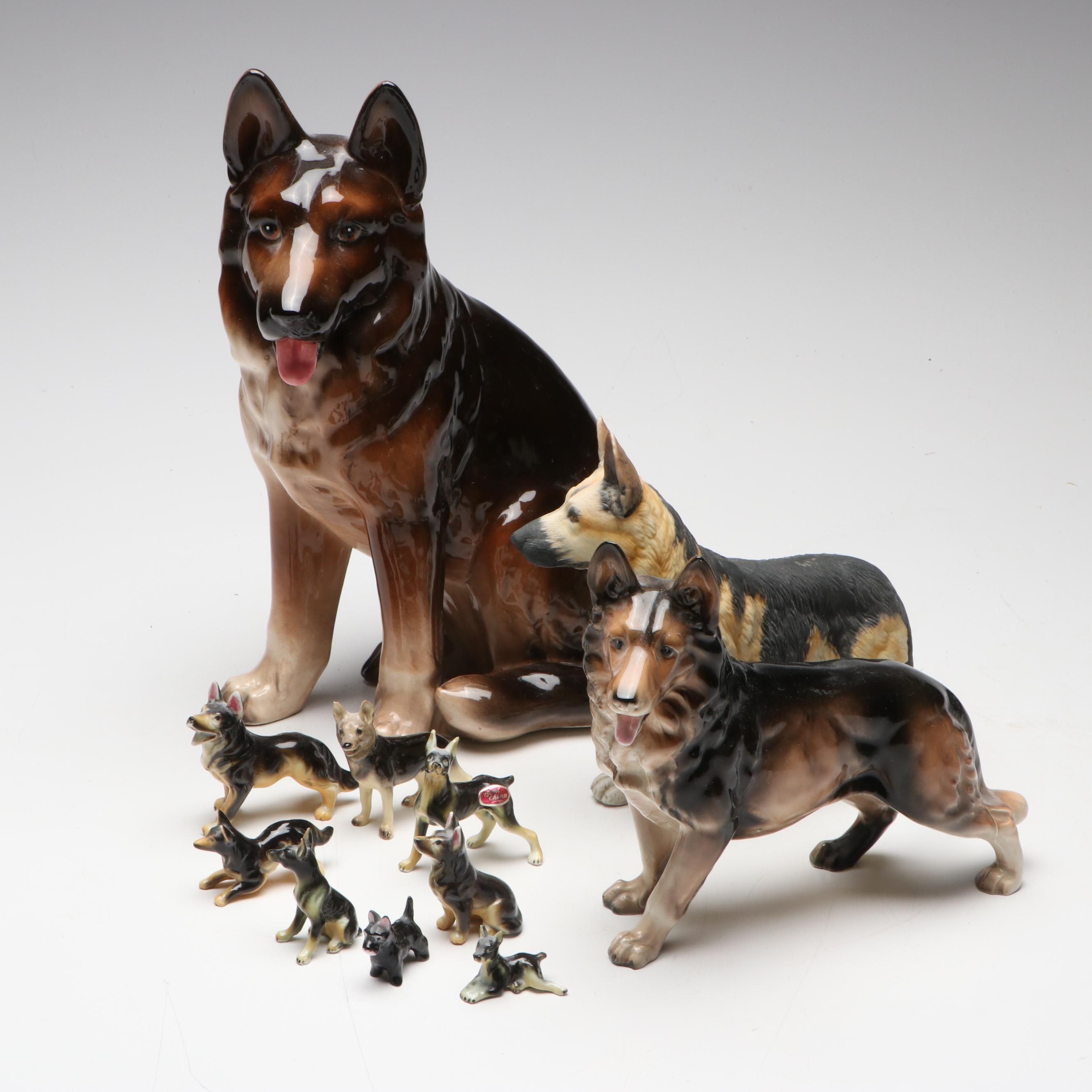 Shafford Porcelain German Shepherd Figure with Other Ceramic Dog Figures
