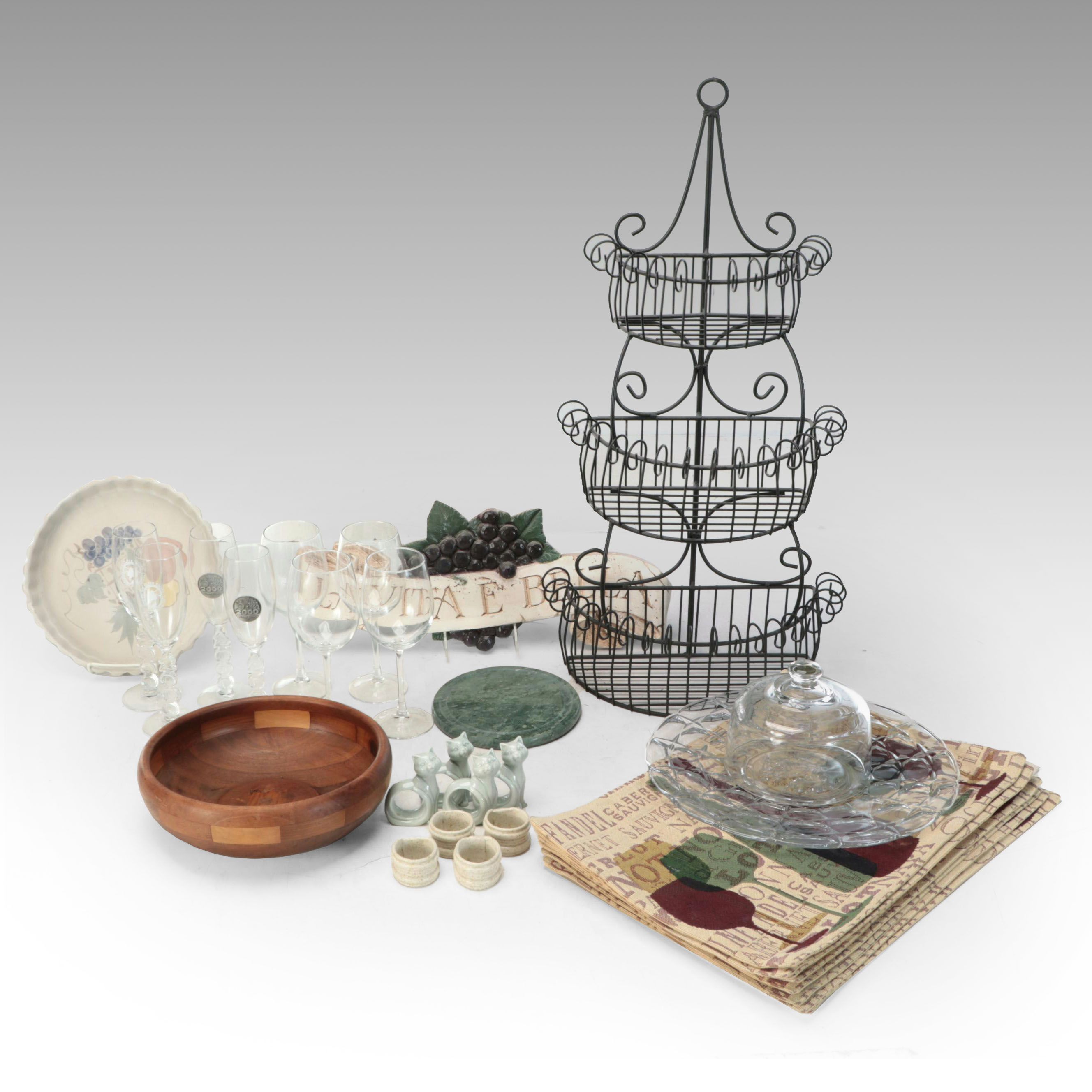 Wine Glasses, Cheese Dome, Placemats with More Rustic Table and Home Furnishings