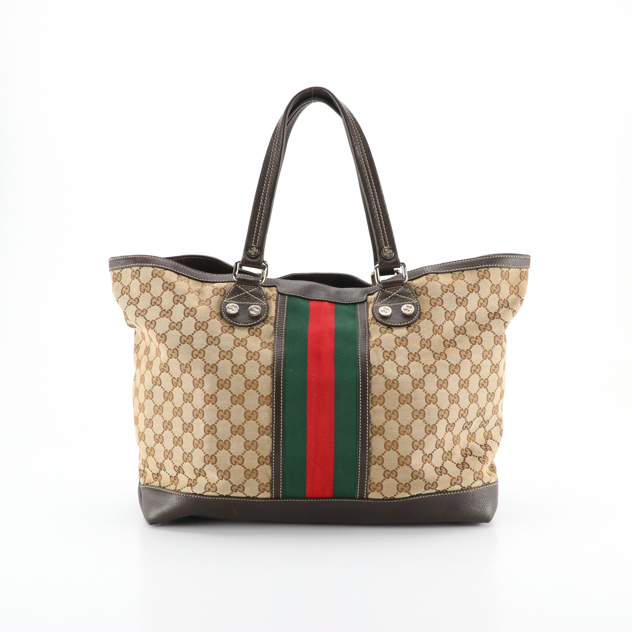Gucci Sunset Web Stripe Tote in GG Canvas and Brown Grained Leather Trim