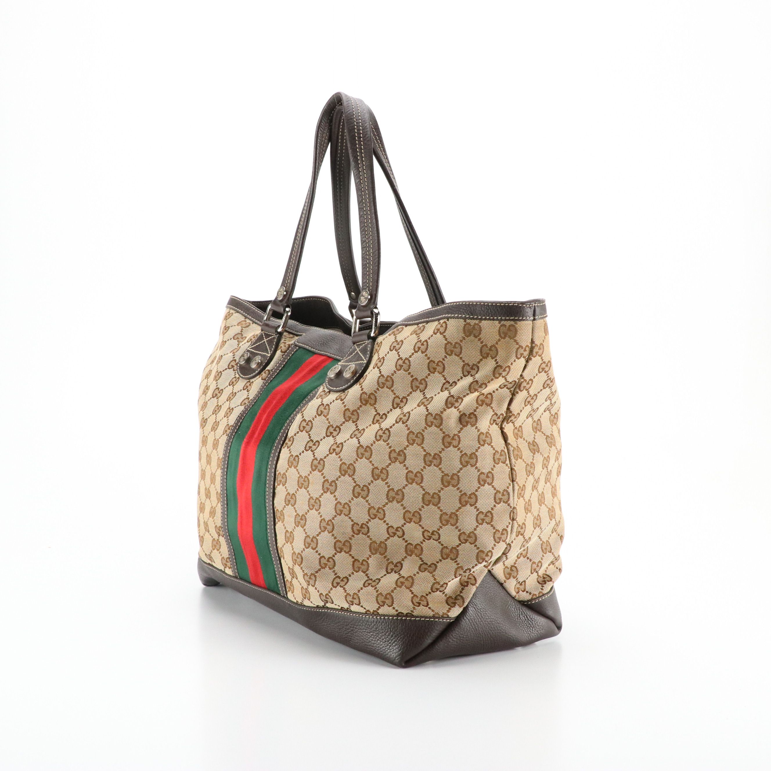 Gucci Sunset Web Stripe Tote in GG Canvas and Brown Grained Leather Trim