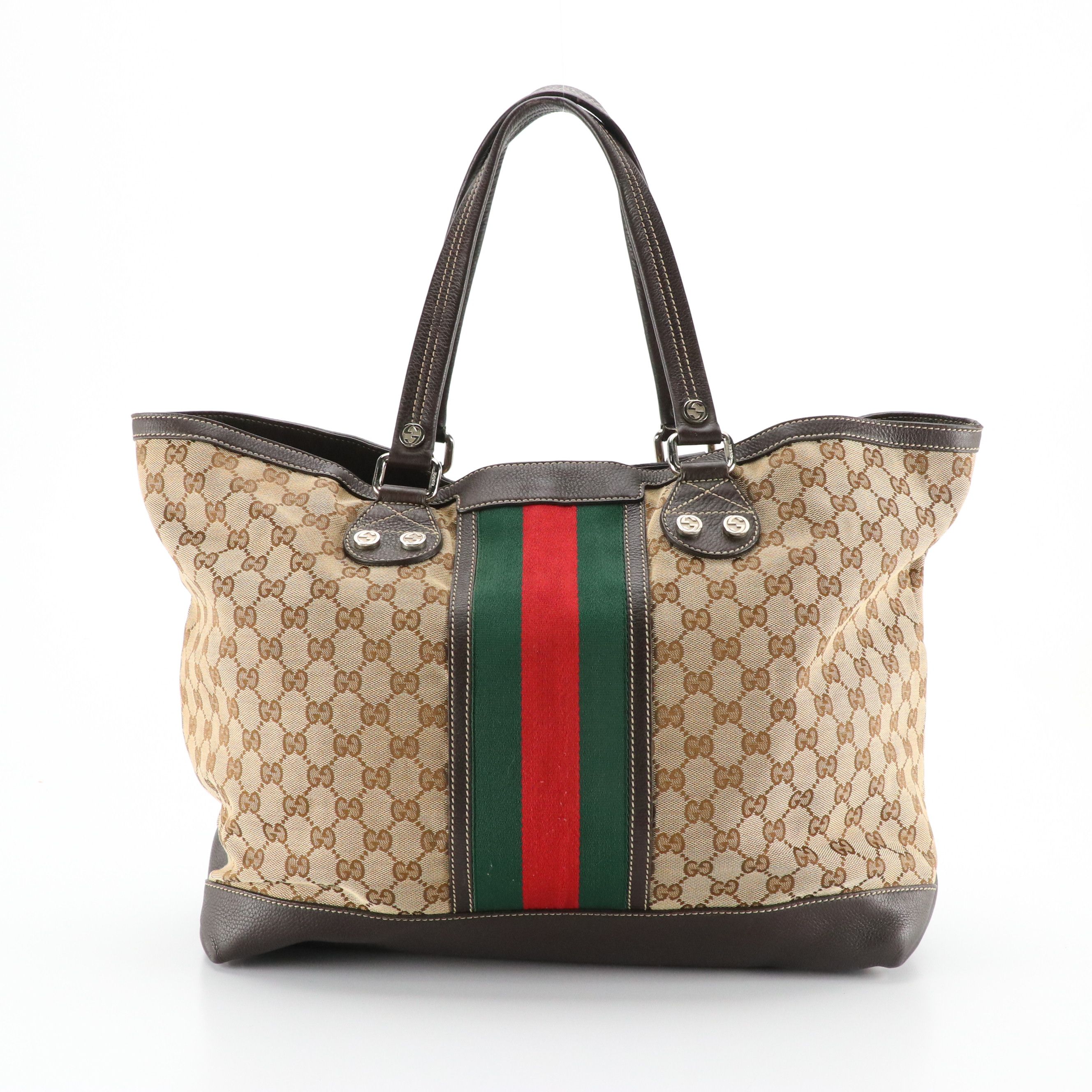 Gucci Sunset Web Stripe Tote in GG Canvas and Brown Grained Leather Trim