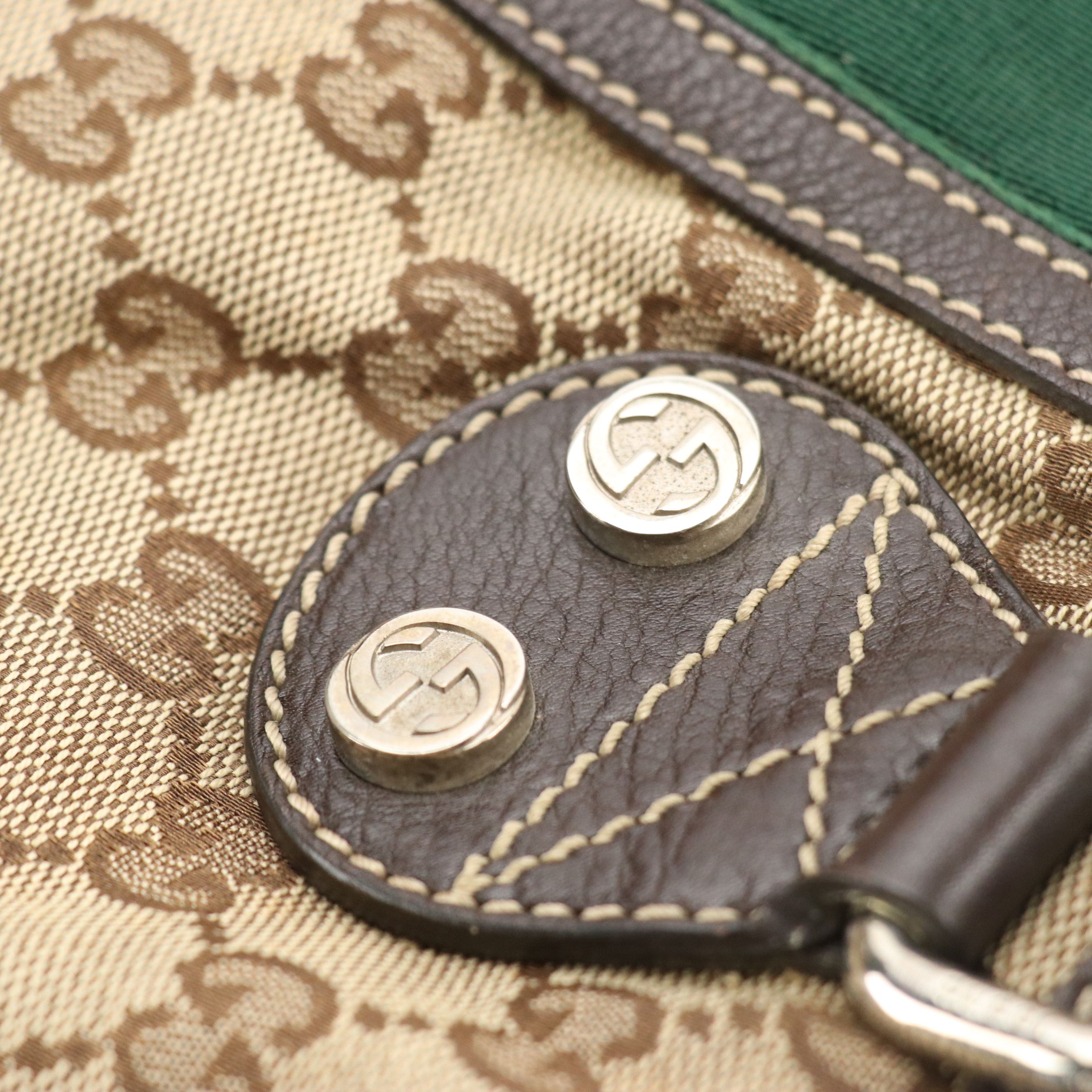 Gucci Sunset Web Stripe Tote in GG Canvas and Brown Grained Leather Trim