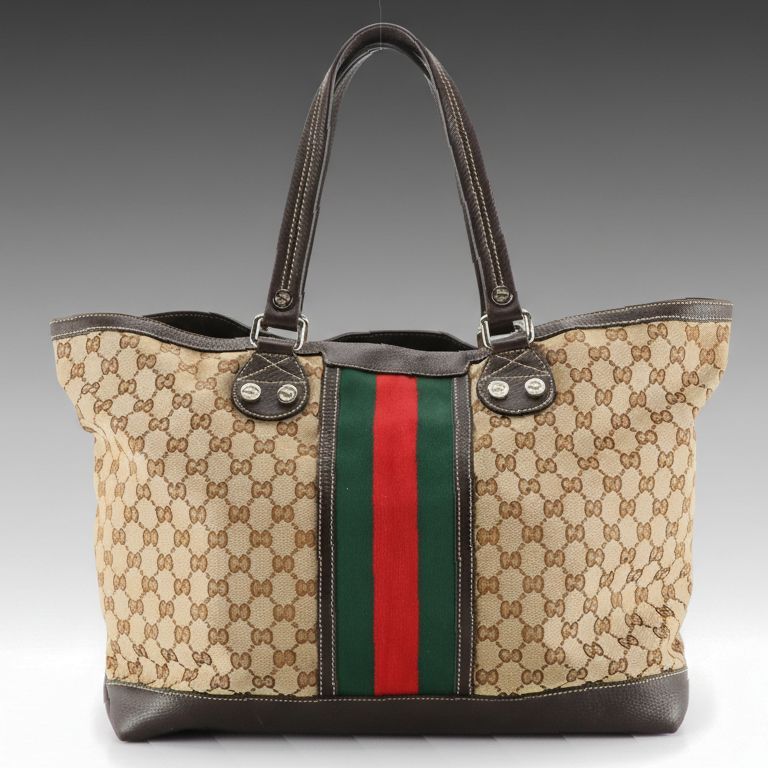 Gucci Sunset Web Stripe Tote in GG Canvas and Brown Grained Leather Trim