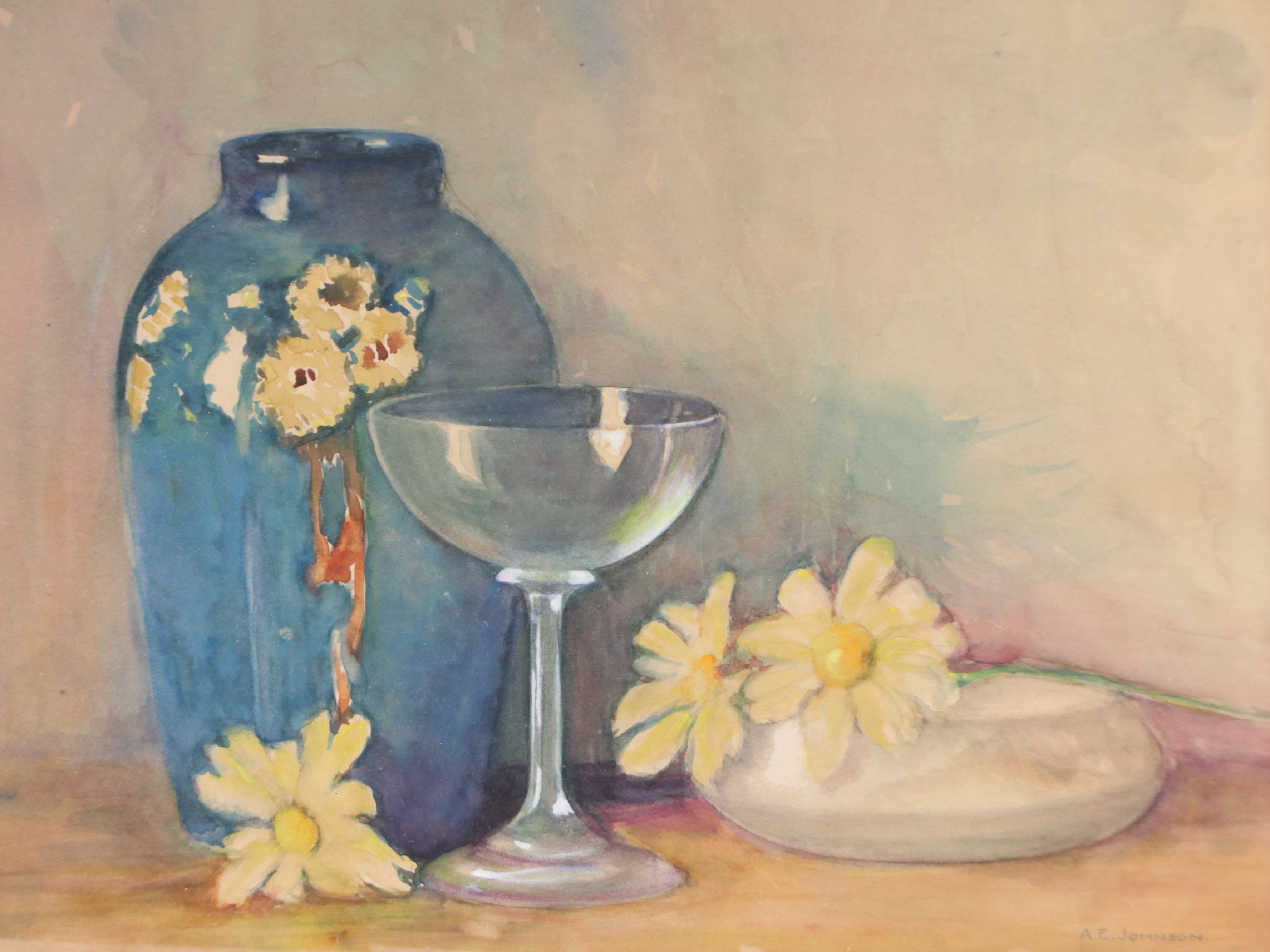 Adele E. Johnson Watercolor Painting of Vase and Daisies, Circa 1930
