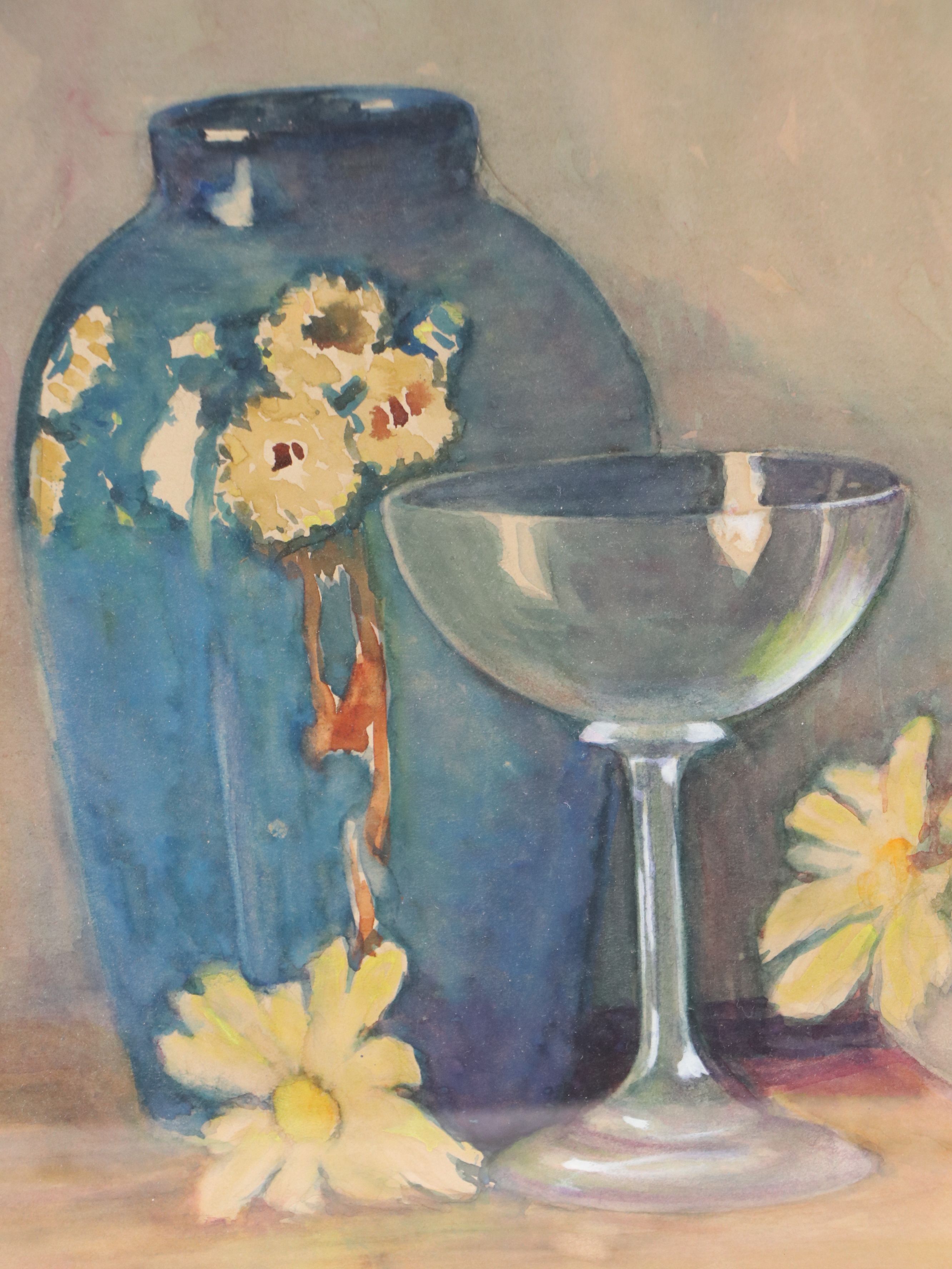 Adele E. Johnson Watercolor Painting of Vase and Daisies, Circa 1930
