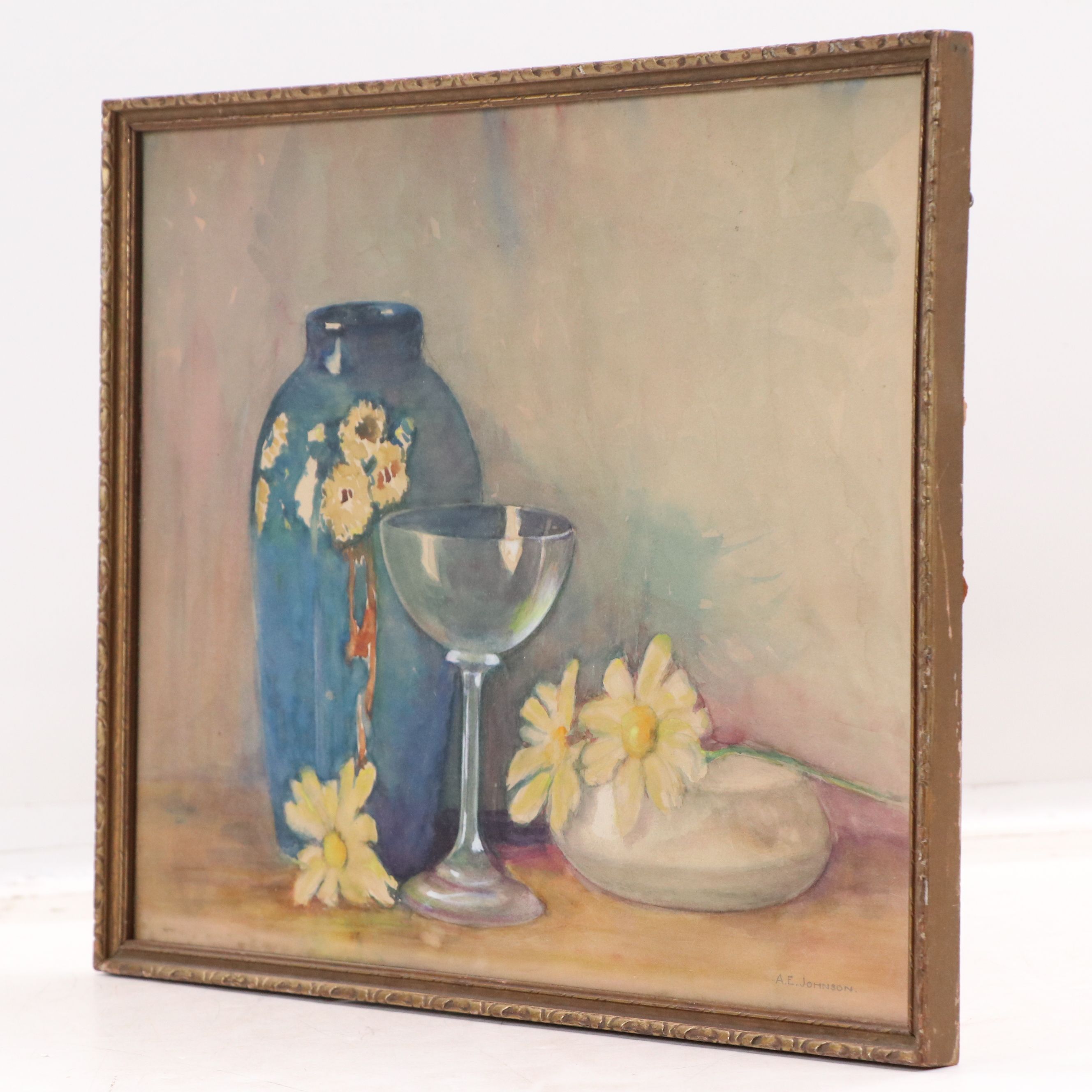 Adele E. Johnson Watercolor Painting of Vase and Daisies, Circa 1930