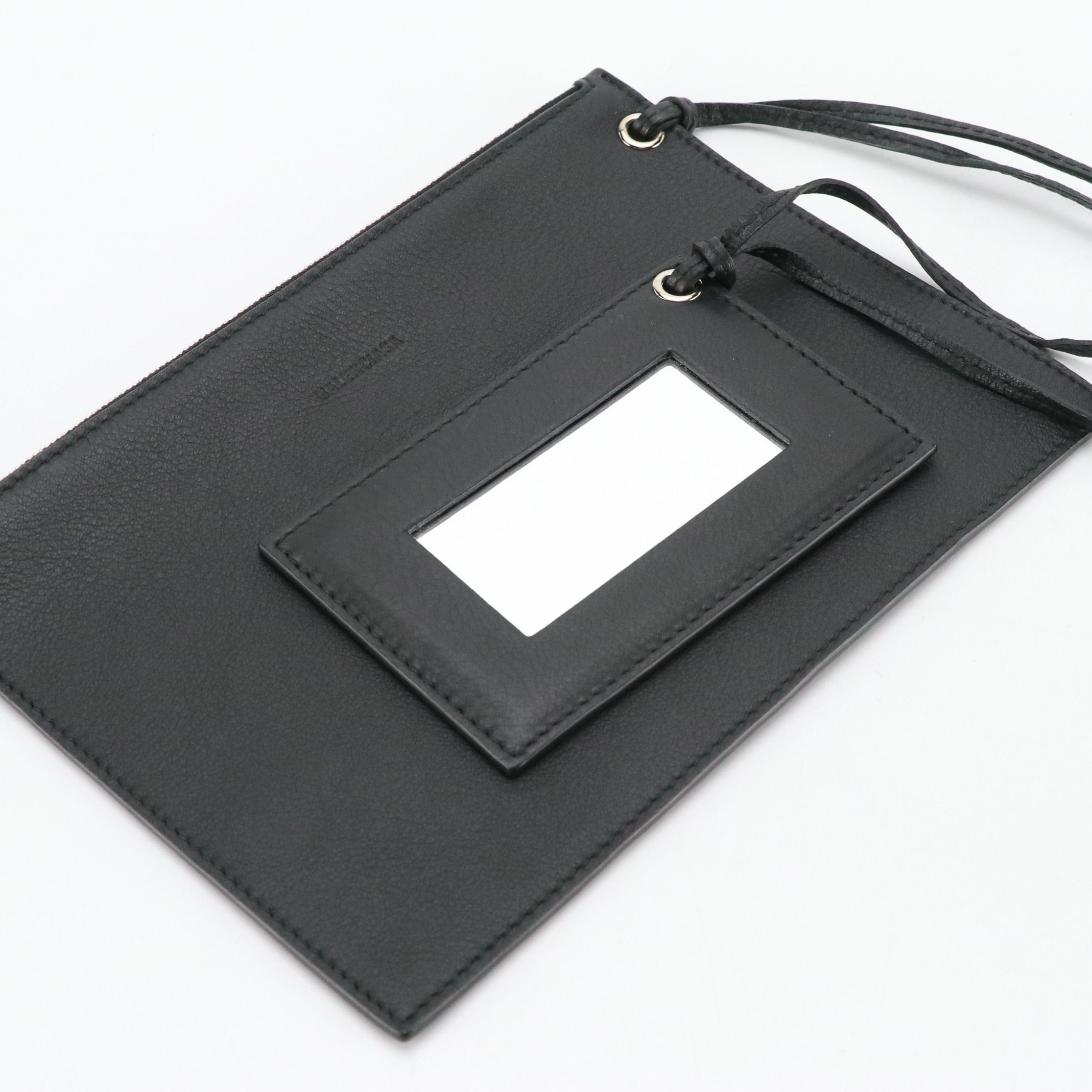 Balenciaga Black Grain Leather Everyday Zip Pouch and Compact Mirror