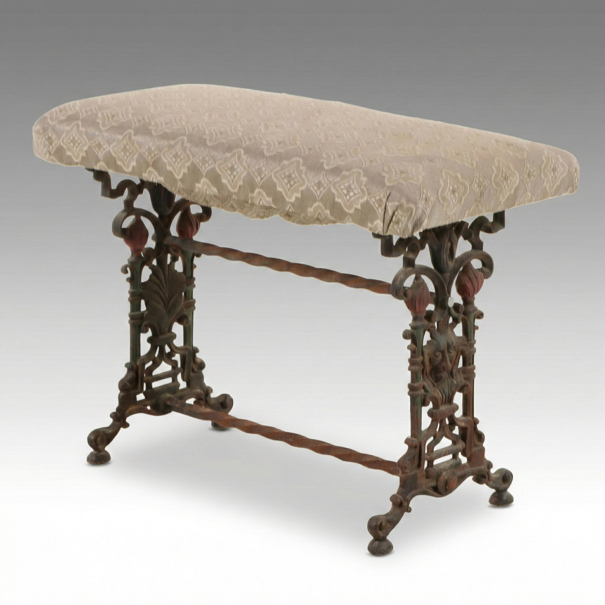 Victorian Cast Iron and Upholstered Bench,  Late 19th Century