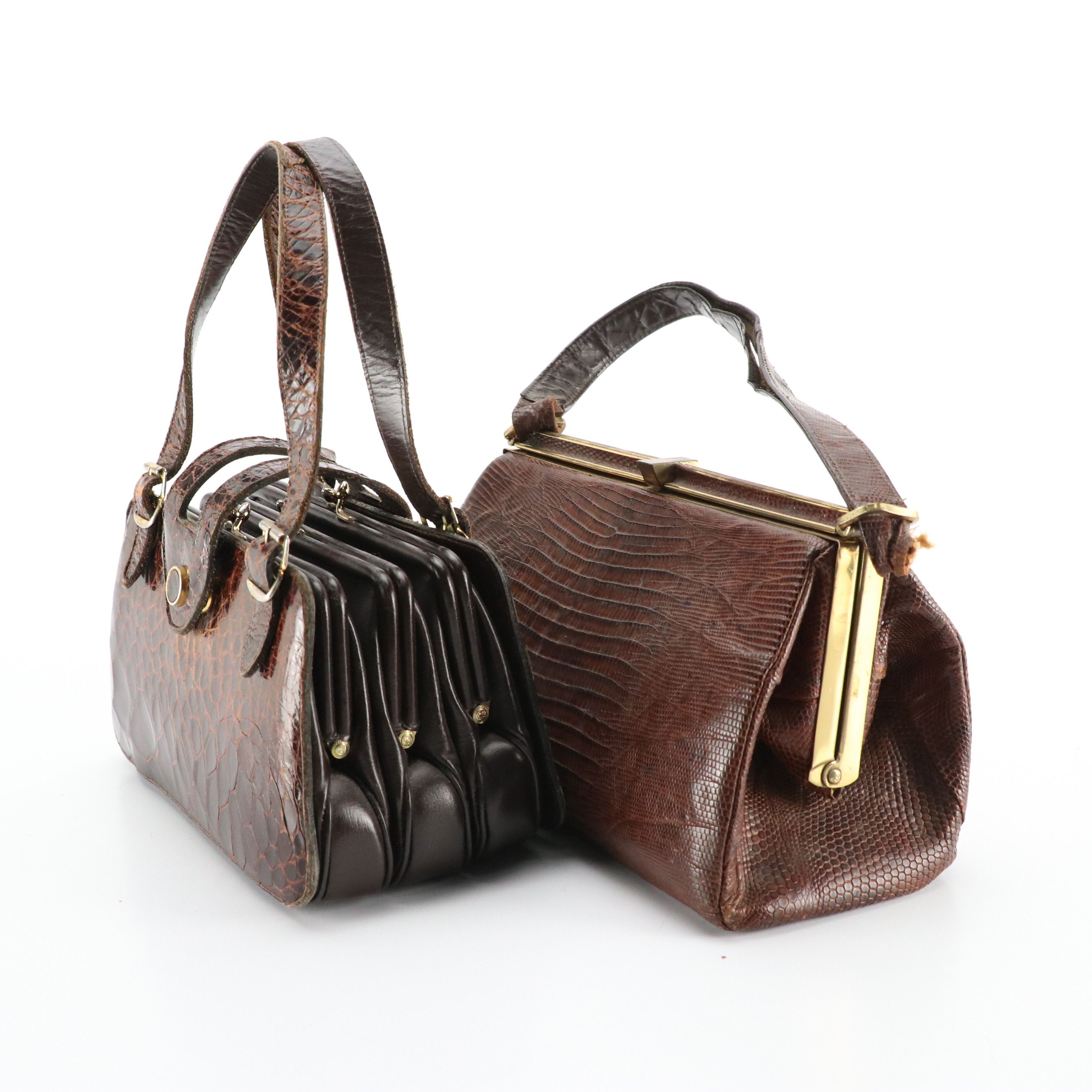 Bellestone Brown Lizard Skin Leather Frame Handbag, Other Vintage Accordion Bag