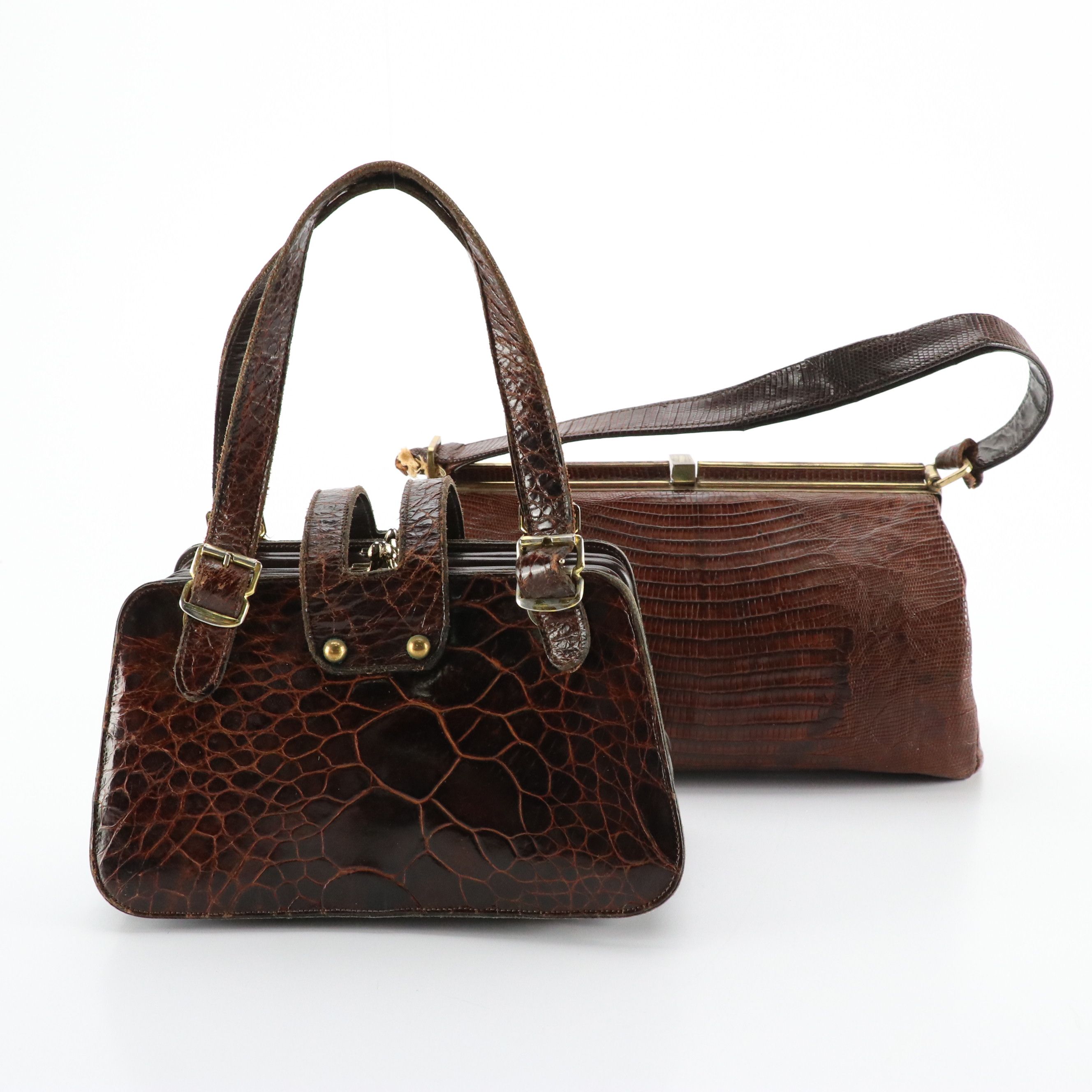 Bellestone Brown Lizard Skin Leather Frame Handbag, Other Vintage Accordion Bag