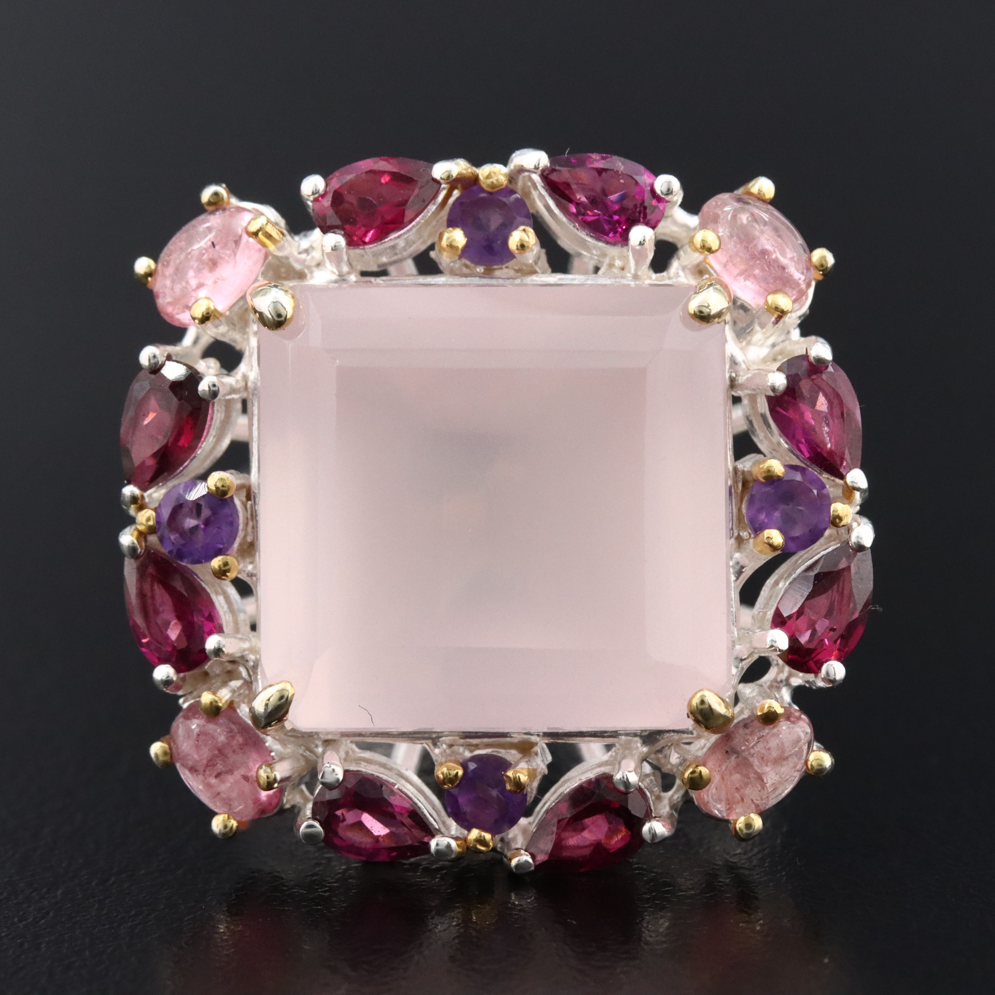 Sterling Rose Quartz, Amethyst and Garnet Halo Ring